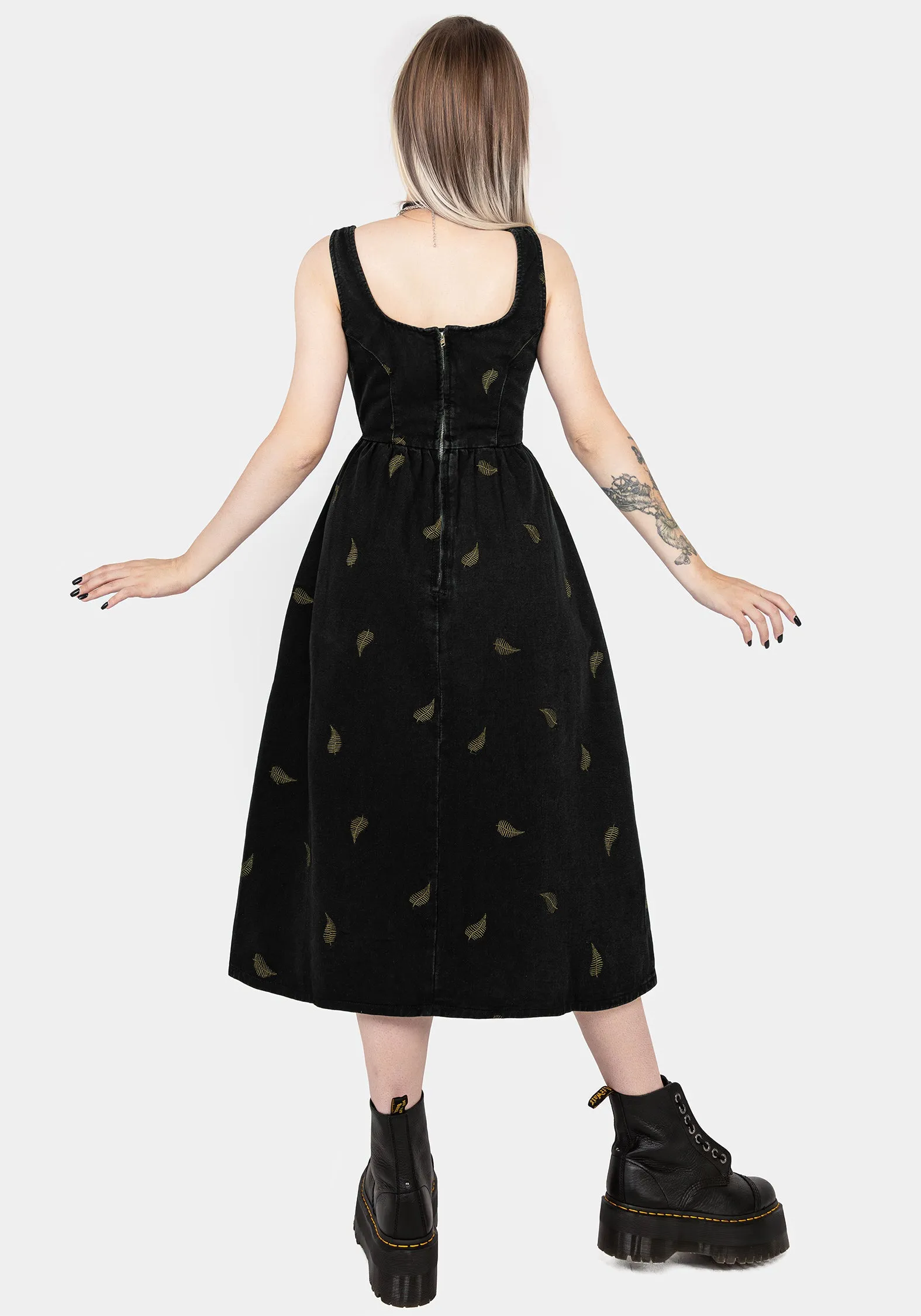 Bold pattern mid-calf dress Osmunda Fern Embroidered Lace Up Midi Pinafore Dress