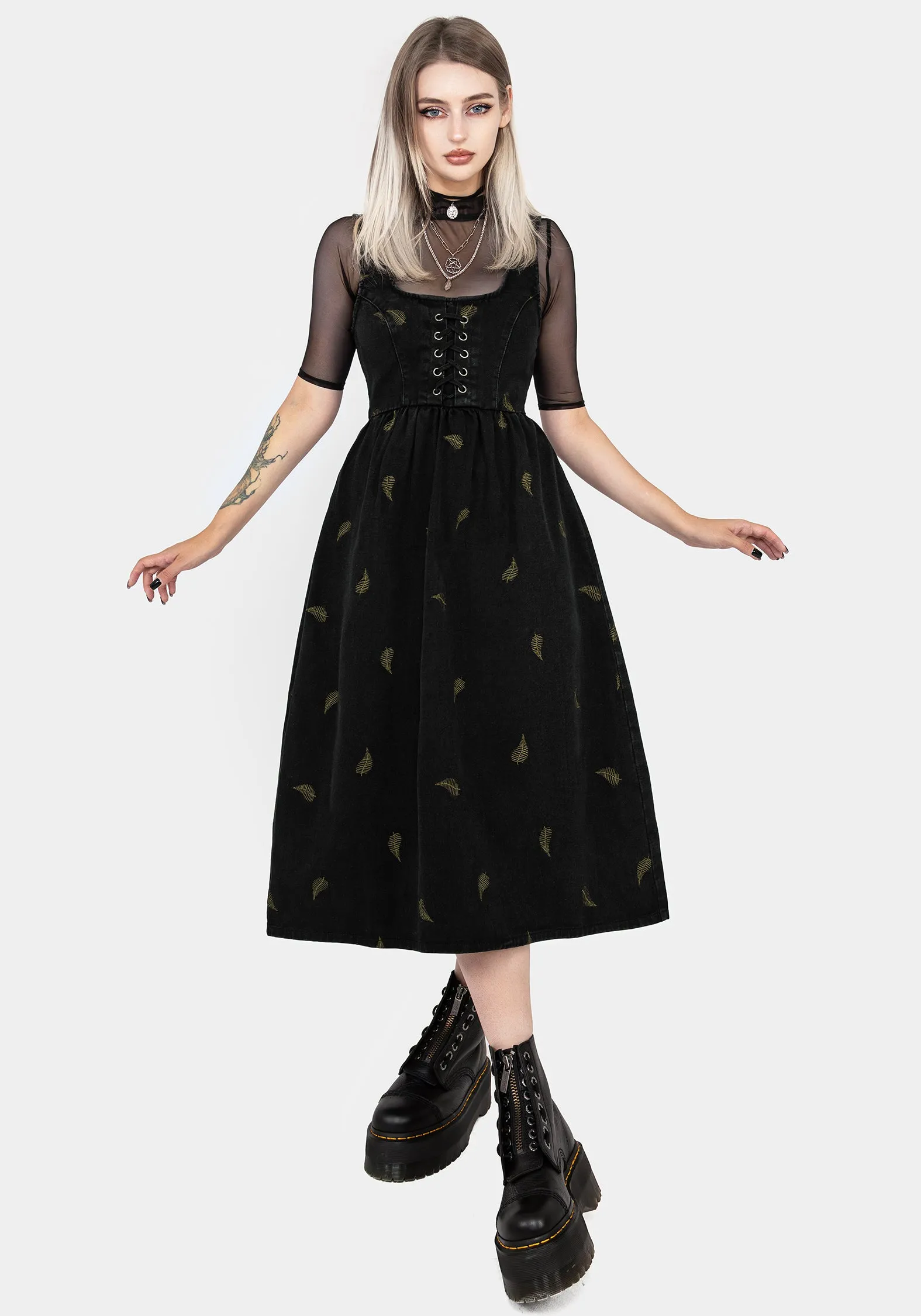 Soft Fashion Osmunda Fern Embroidered Lace Up Midi Pinafore Dress