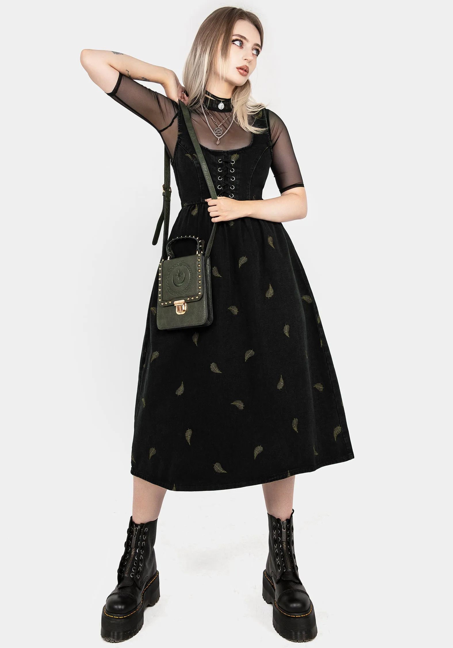 Lower Hem Osmunda Fern Embroidered Lace Up Midi Pinafore Dress