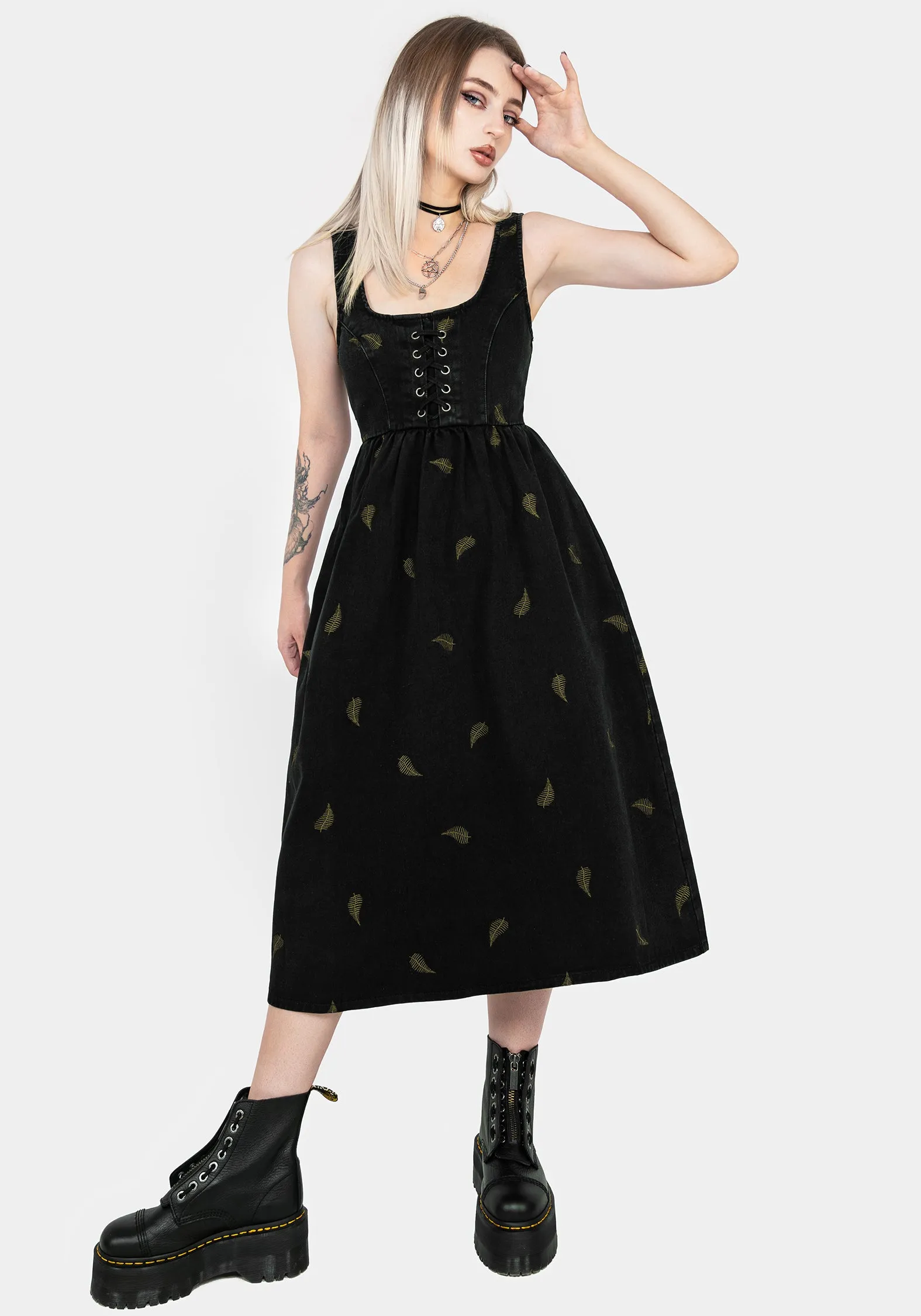 Seasonal Must-Have Osmunda Fern Embroidered Lace Up Midi Pinafore Dress