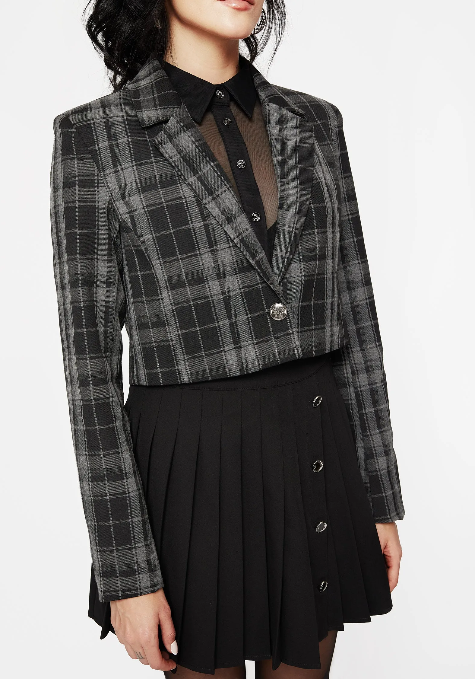 Checkmate Check Crop Blazer - Black Tear Resistant Weave