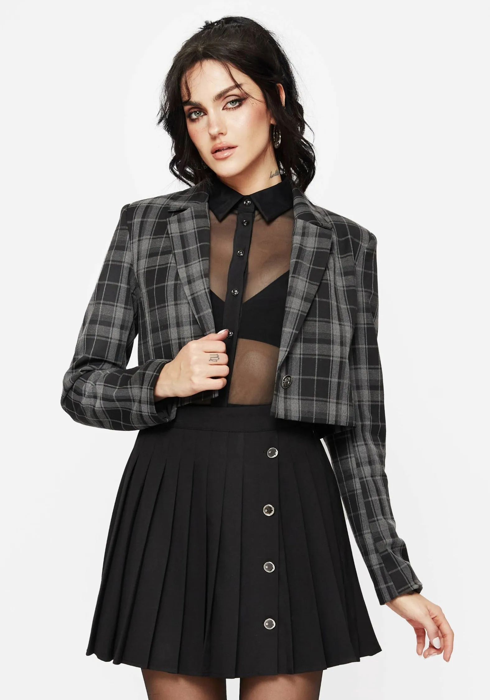 Wrinkle Free Weave Checkmate Check Crop Blazer - Black