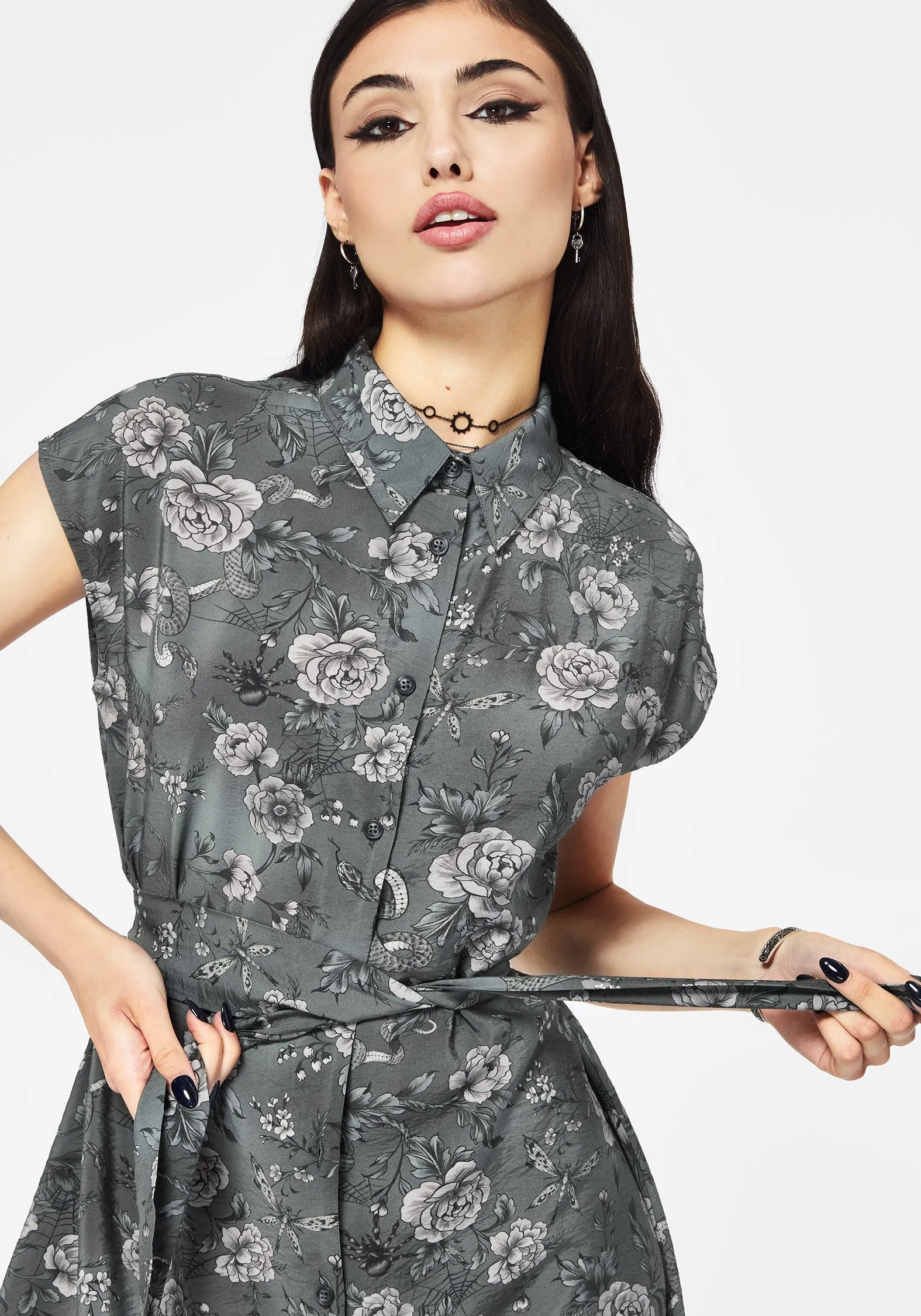 Bridal Mood Meadow Floral Serpent Print Midi Shirt Dress