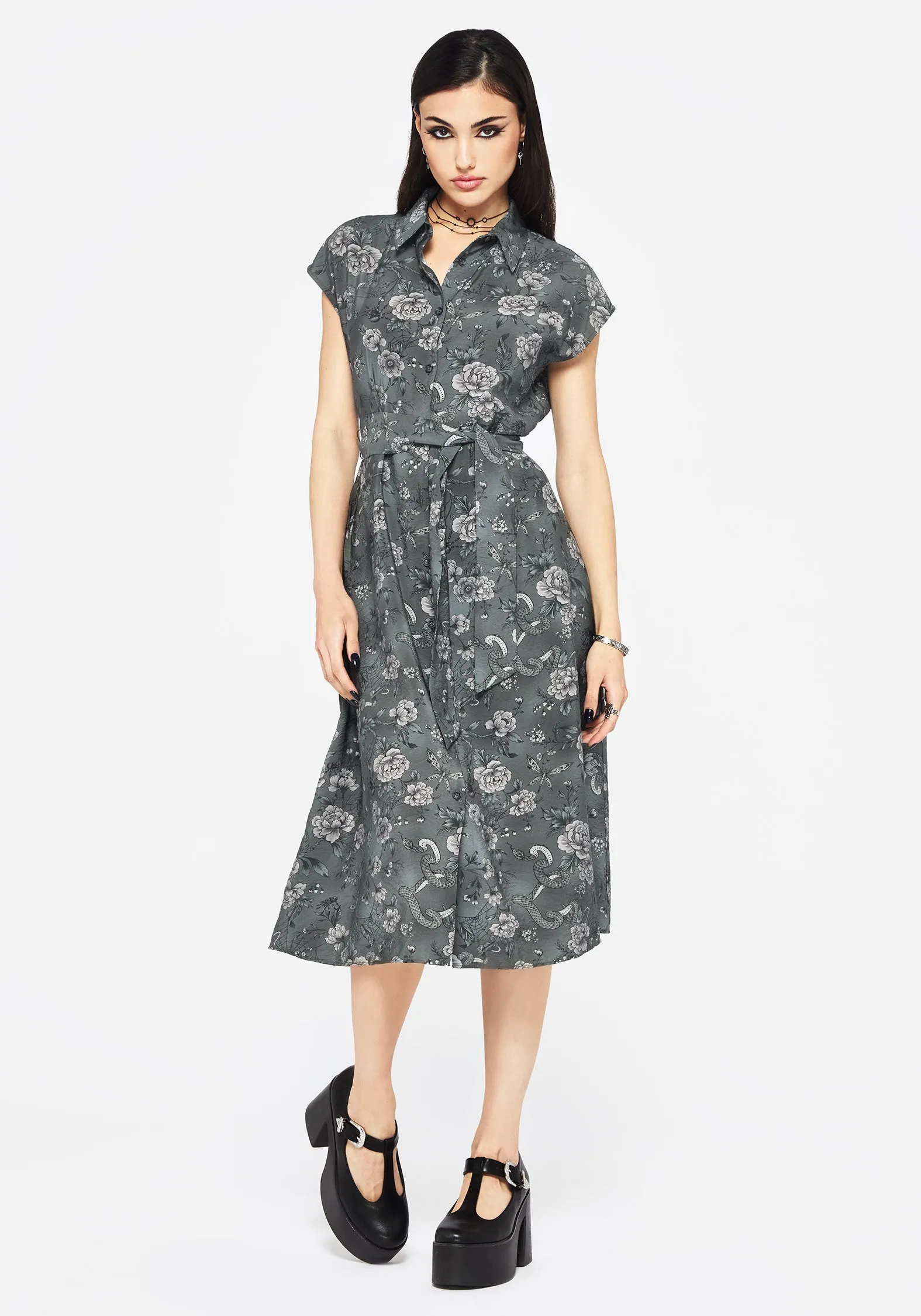 Meadow Floral Serpent Print Midi Shirt Dress Casual Must-Have Minimalist-Trend