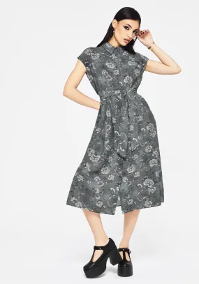 Meadow Floral Serpent Print Midi Shirt Dress Evening Glam