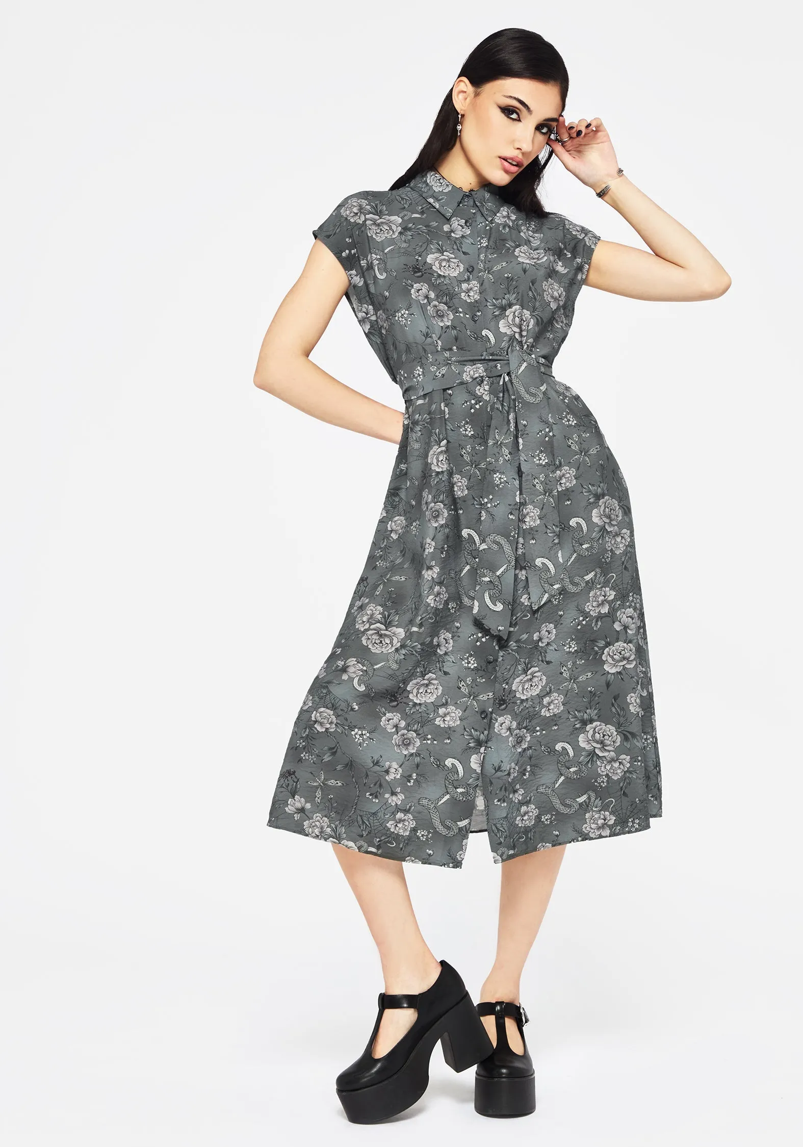 Meadow Floral Serpent Print Midi Shirt Dress Evening Glam