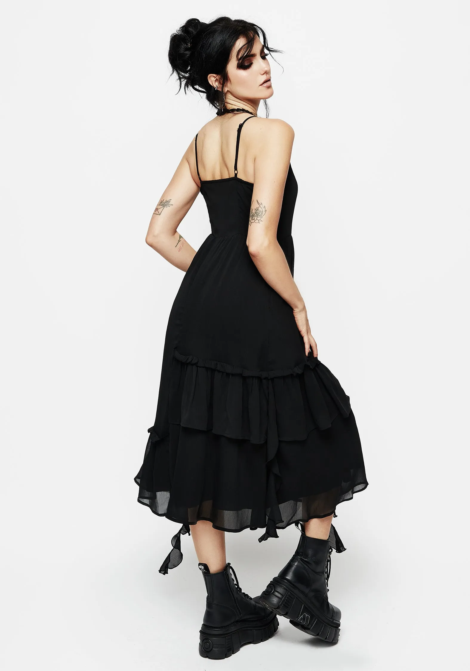 Corsair Lace Front Asymmetric Midi Dress High-Neck ComfortFitDesign