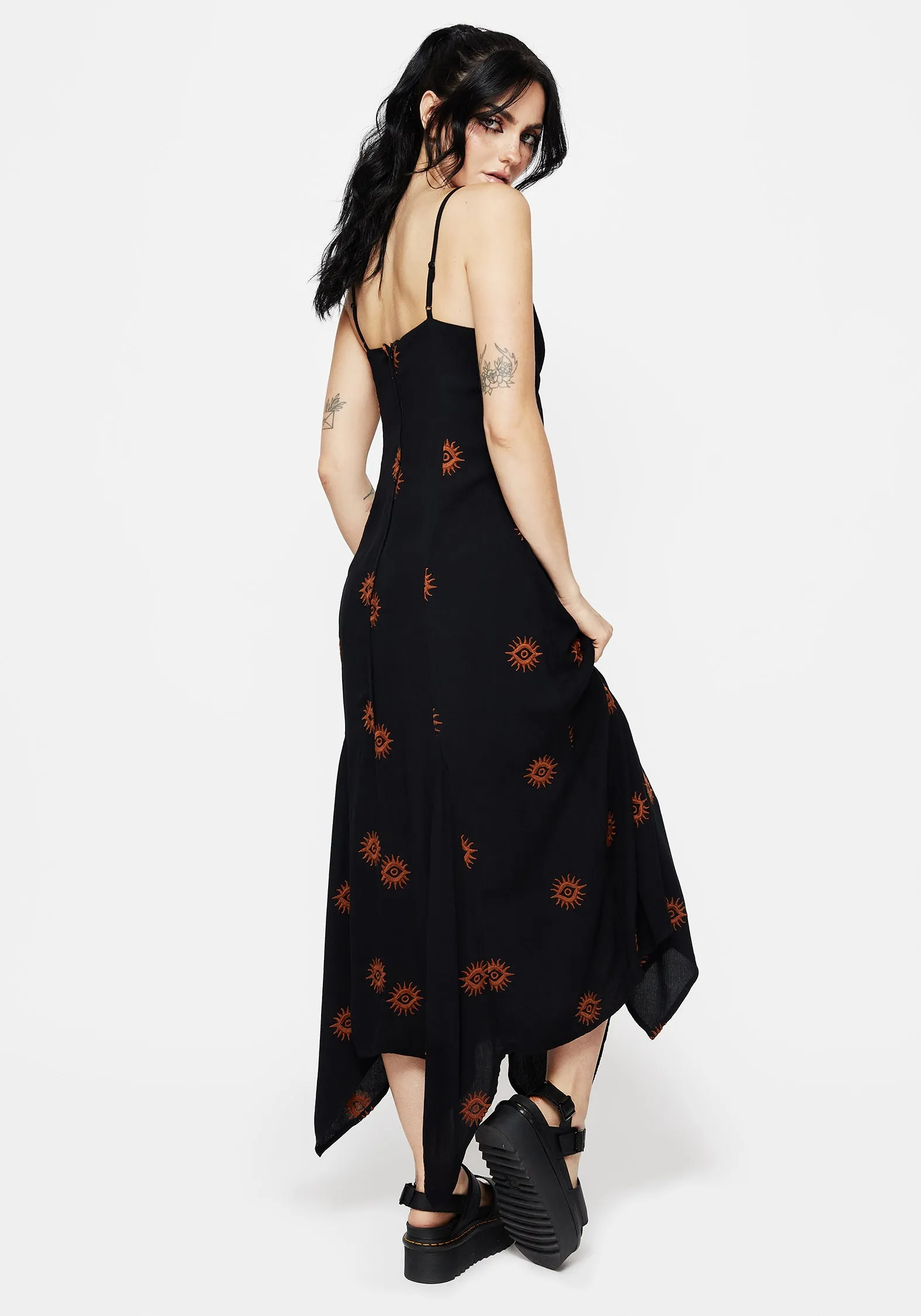 Minimal Form Gloss Finish Solstice Embroidered Cami Hanky Hem Midaxi Dress