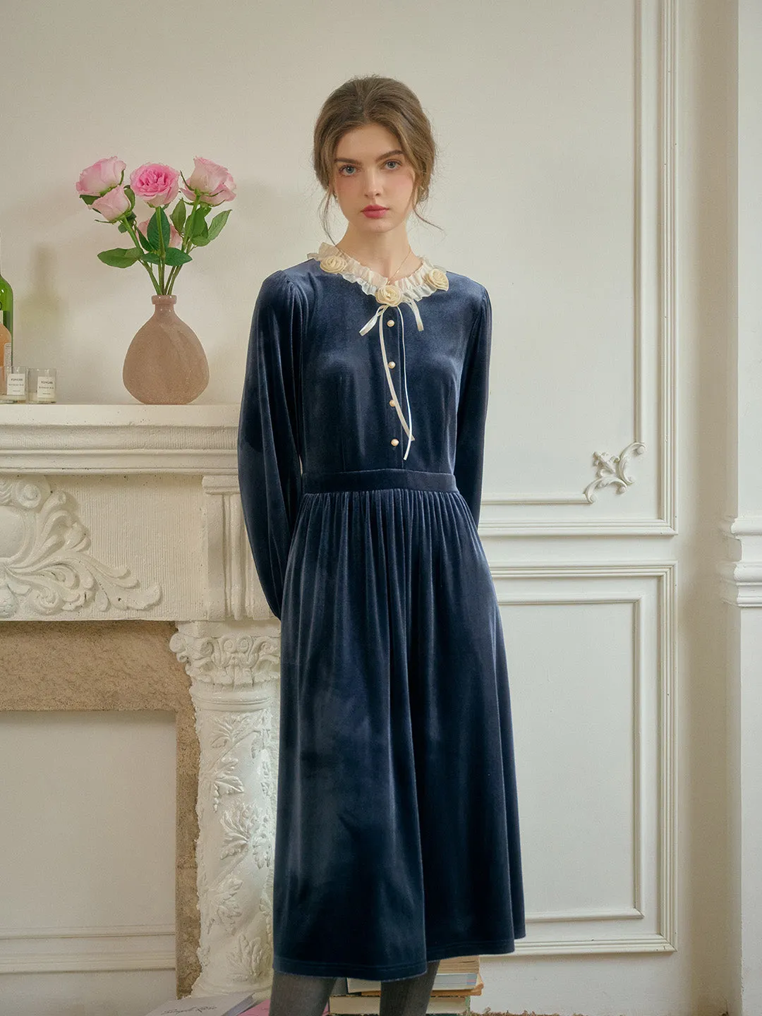 Day To Night Pure Motion Mikaela Lace Collar Contrasting Velvet Dress - Blue