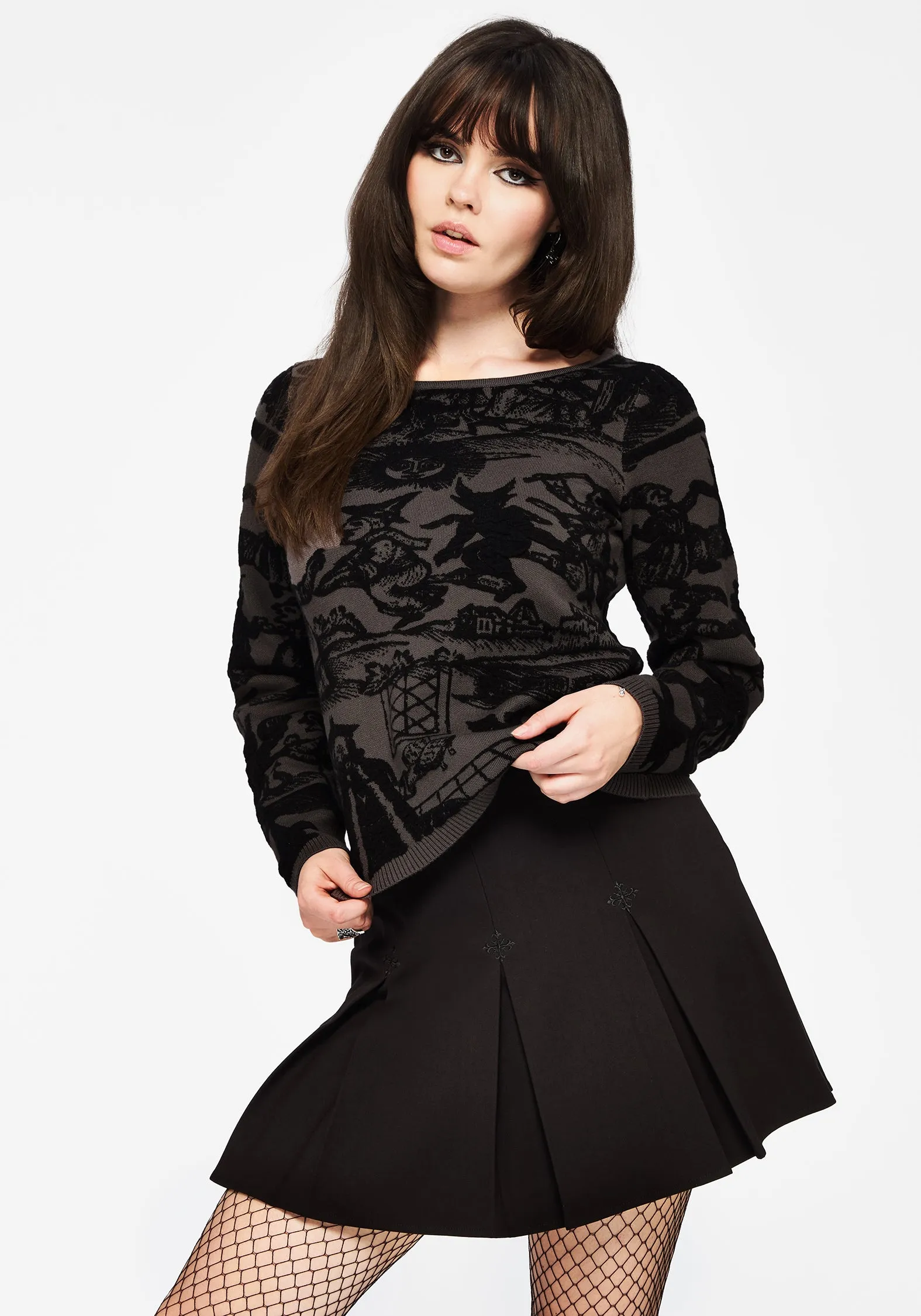 Layered Cuff Ribbed collar Diabolical Raised Jacquard Knit Jumper