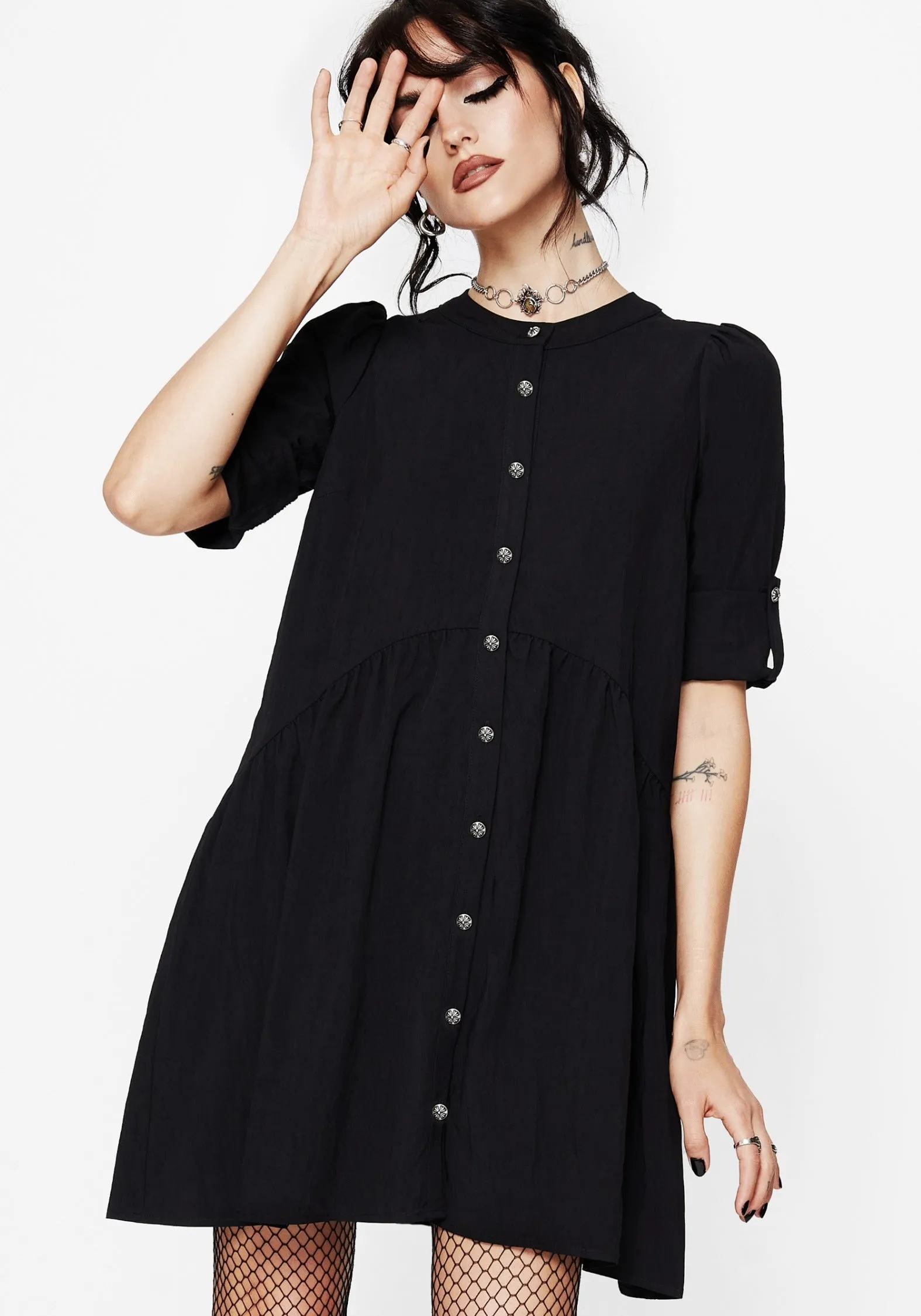 Arden Button Down Mini Smock Dress Flattering Look Fit Stretchable