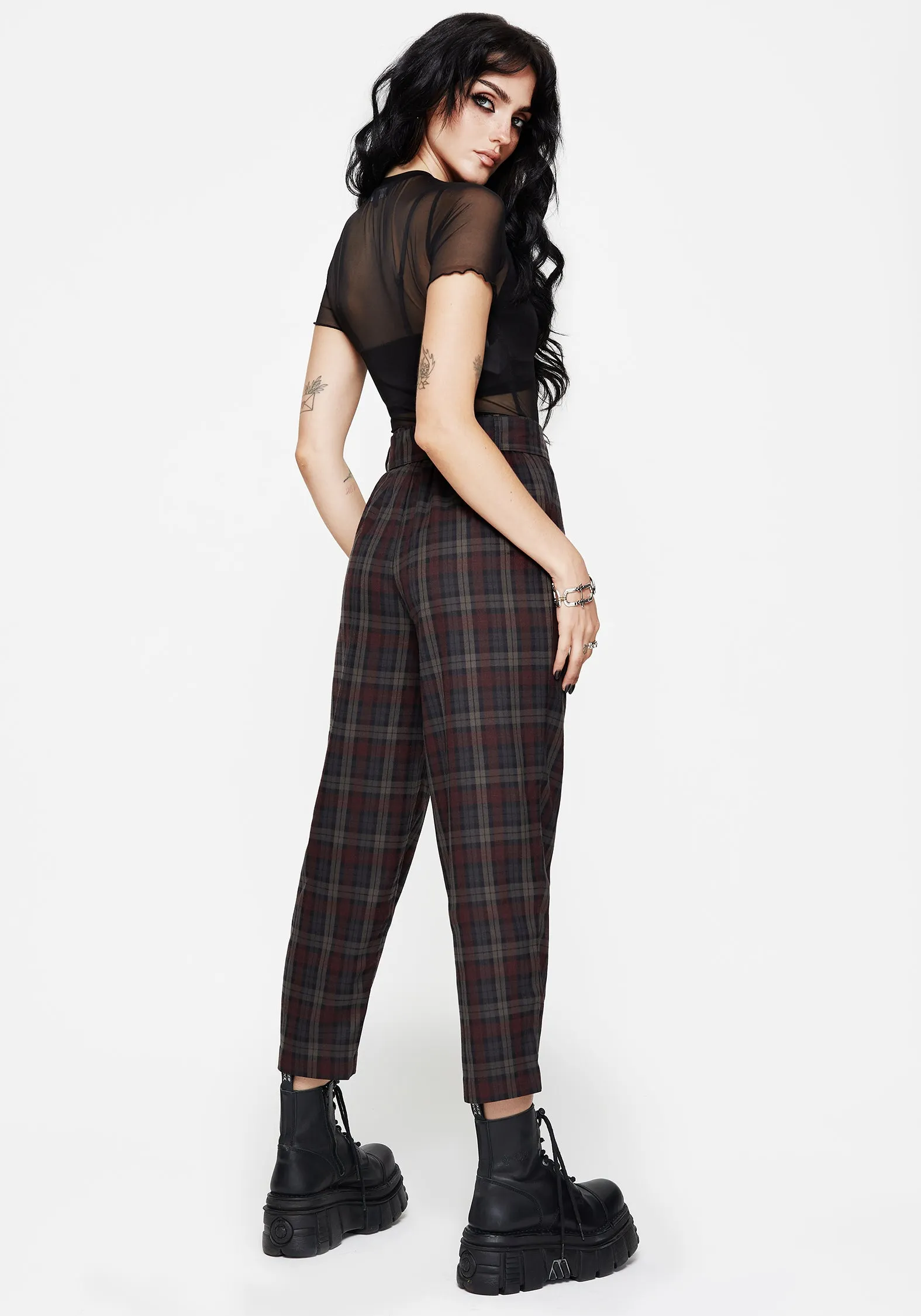 Sporty Casual Kalma Check Tie Belt Tapered Trouser