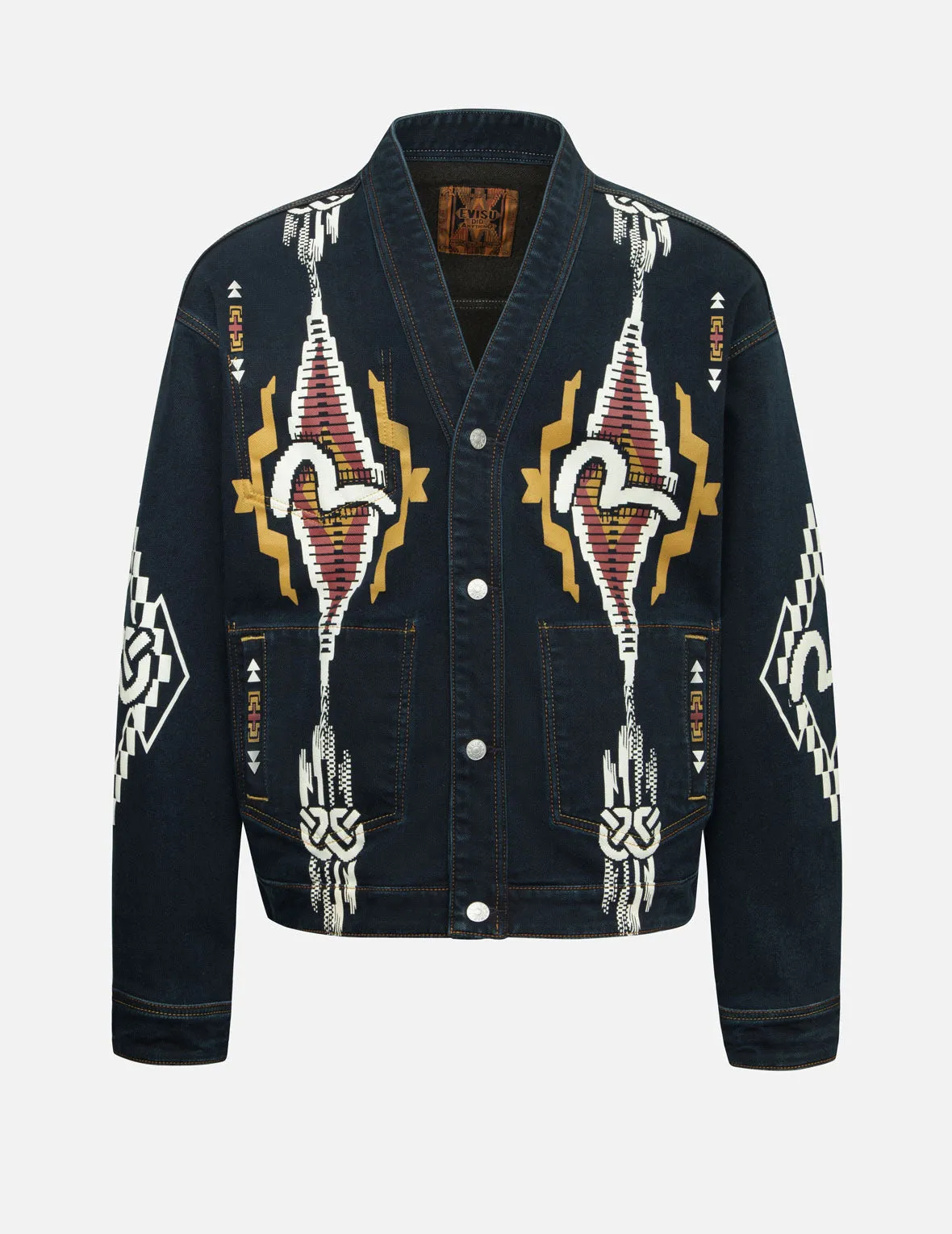 Chimayo Tapestry and Seagull Print Reversible Boxy Denim Jacket Adjustable drawstring Roll Up Sleeve System