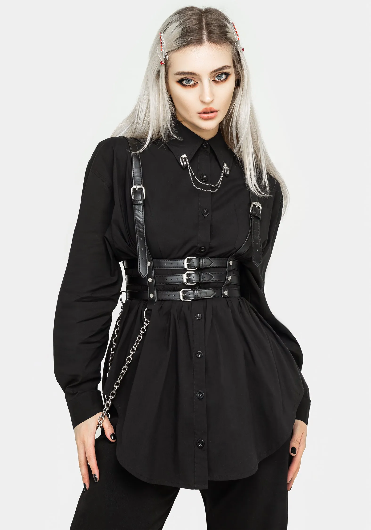 Double Layered Hood Assembly Durable Stitch Pattern Chiromancy Collar Loose Fit Shirt - Black