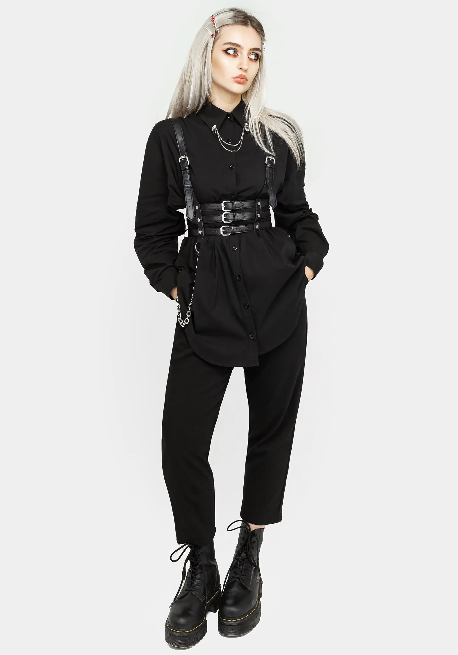 Chiromancy Collar Loose Fit Shirt - Black Ribbed Hem Finish Easy Care Fabric