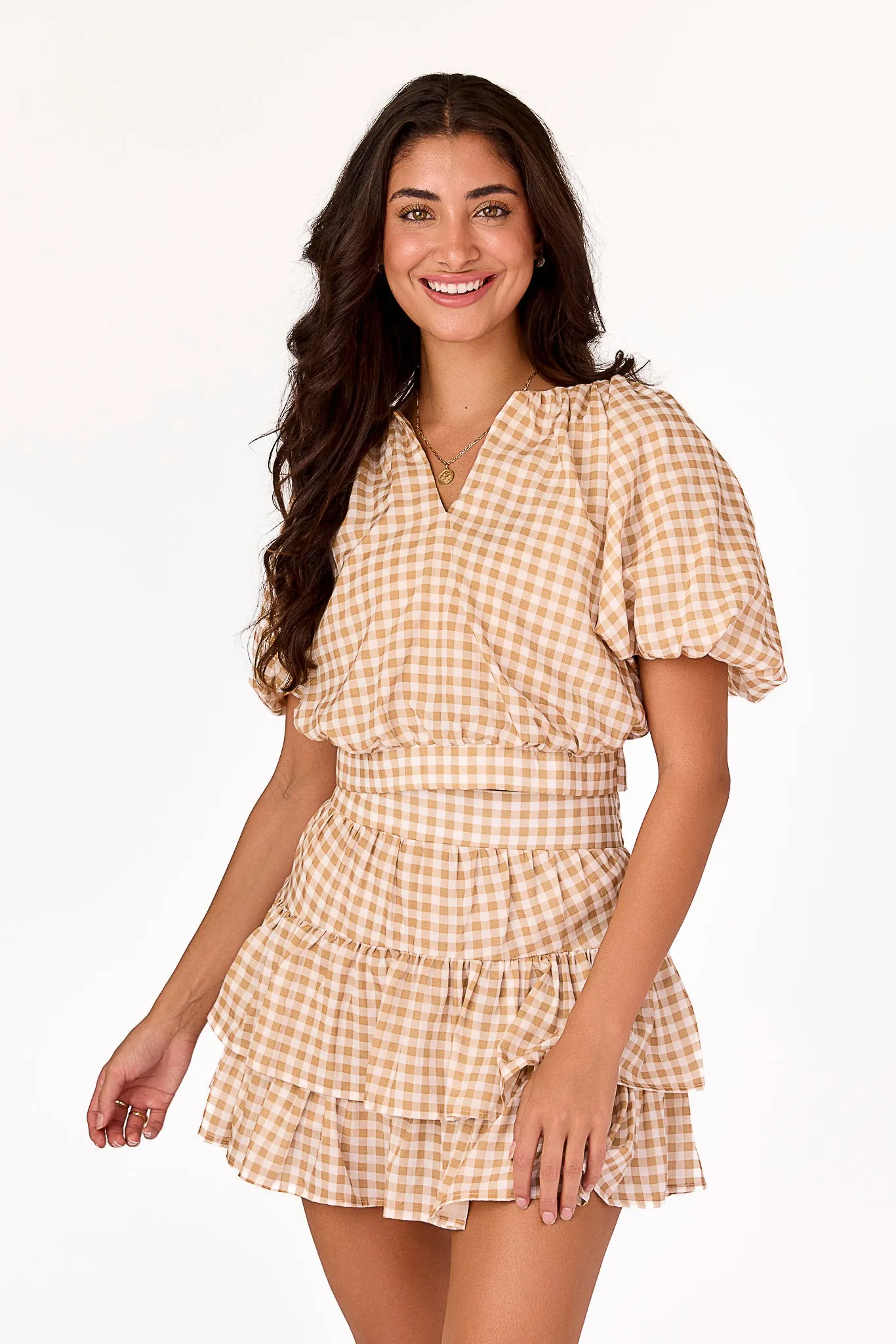 Lightweight Thermal Ella Raglan Top Tan Gingham