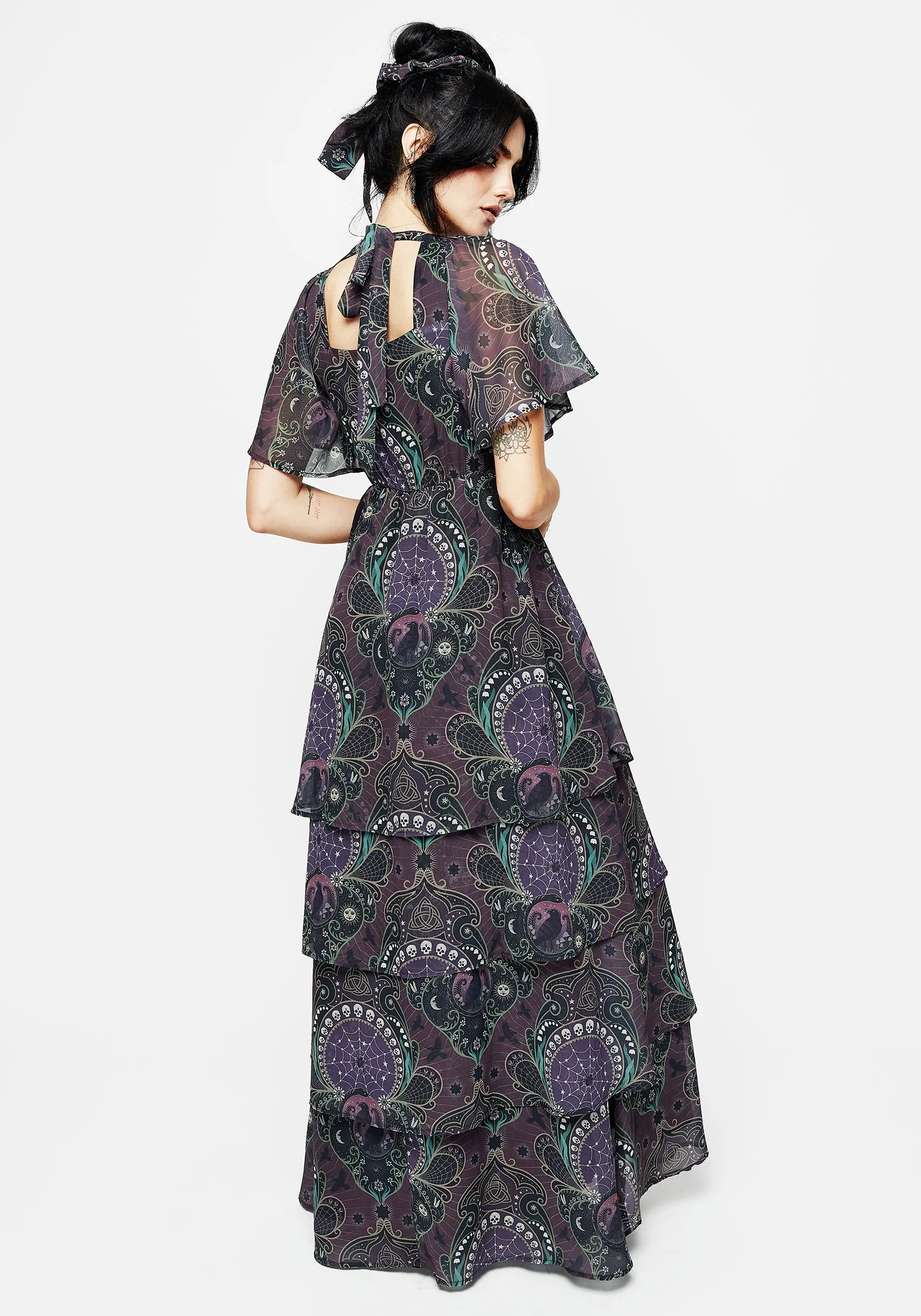 Clarette Chiffon Angel Sleeve Tiered Gown Air Layer Back Detail