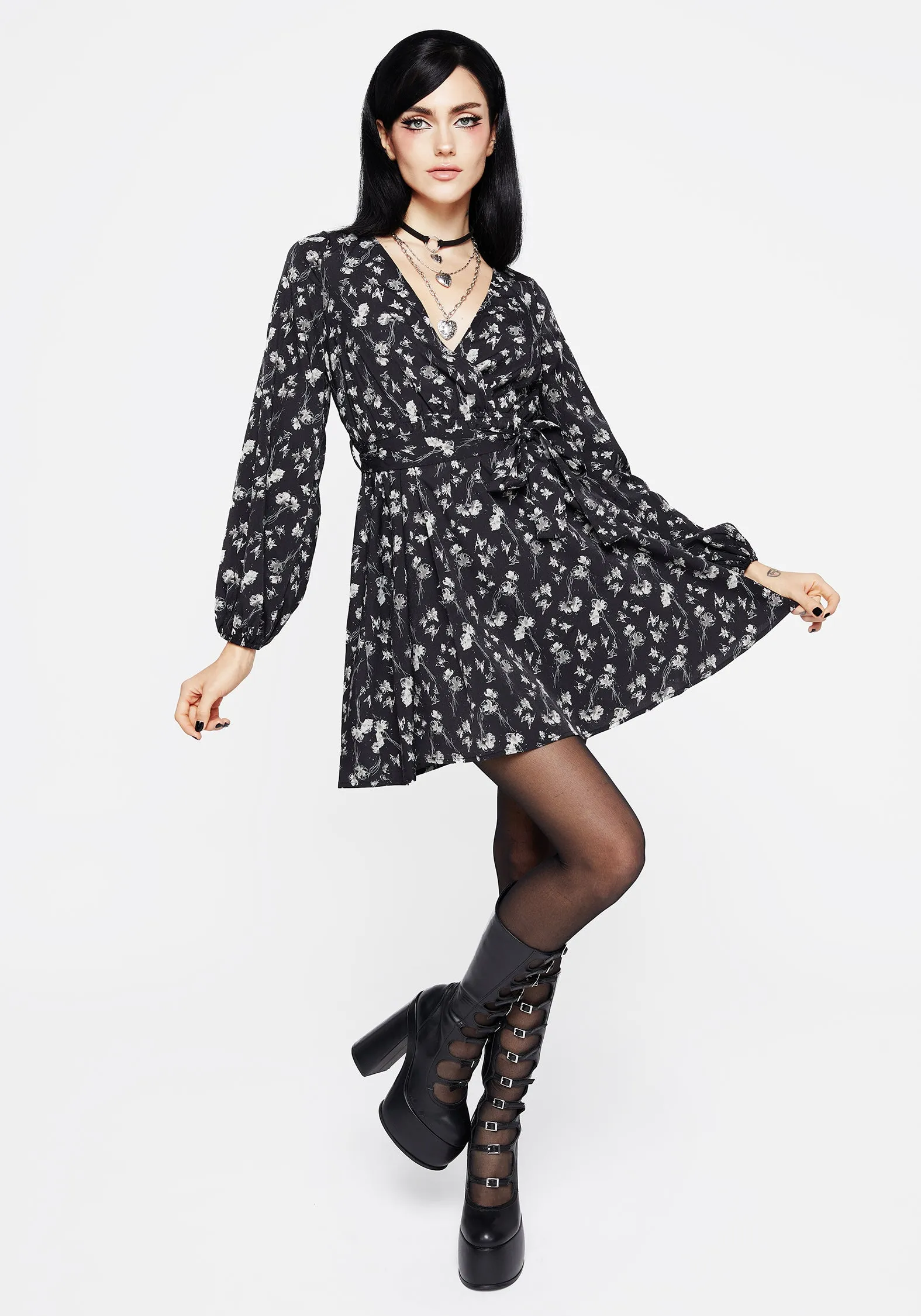 Lounge Favorite Flattering Comfort Wear Claricia Long Sleeved Floral Faux Wrap Mini Dress