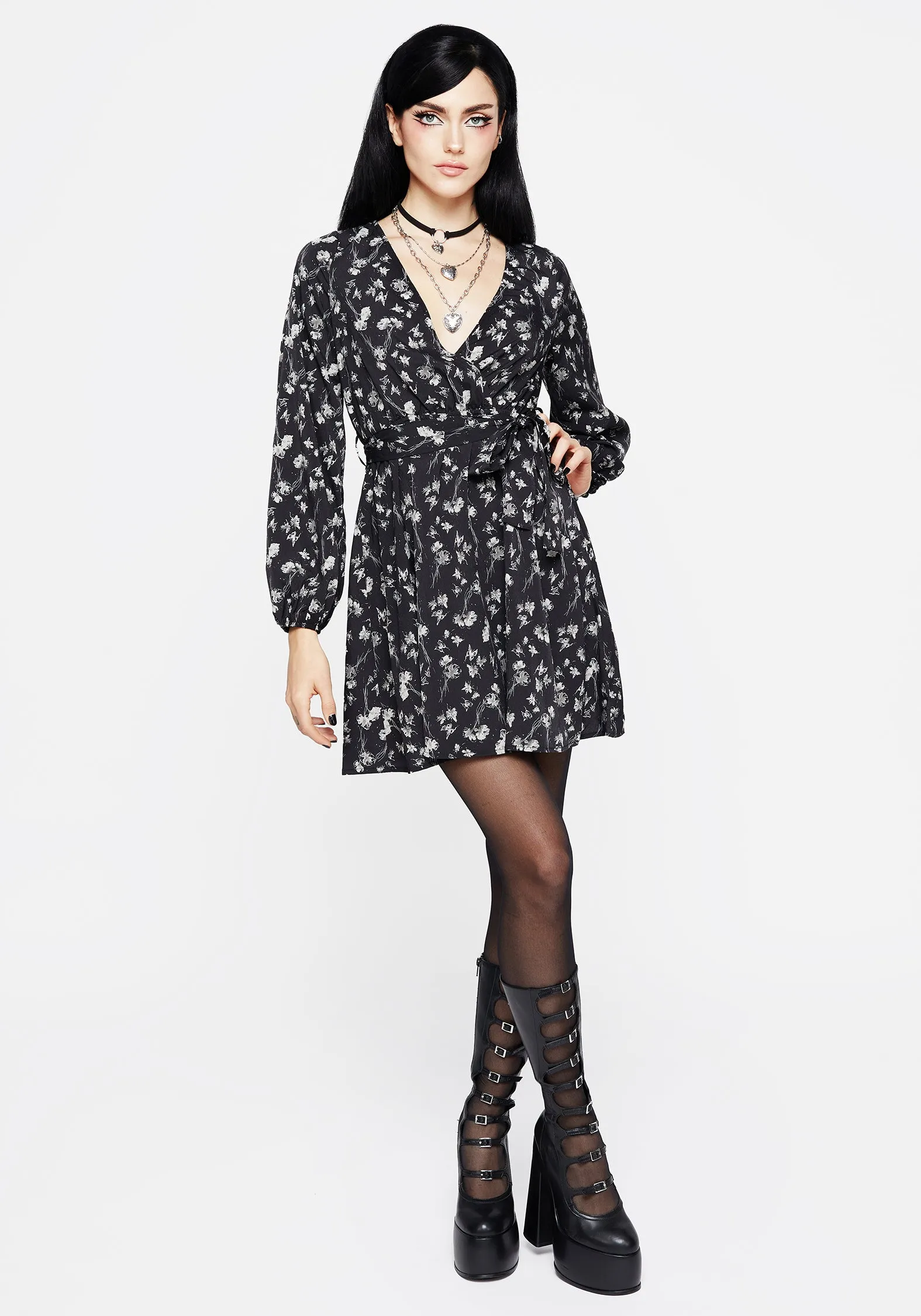 Ankle-length Claricia Long Sleeved Floral Faux Wrap Mini Dress