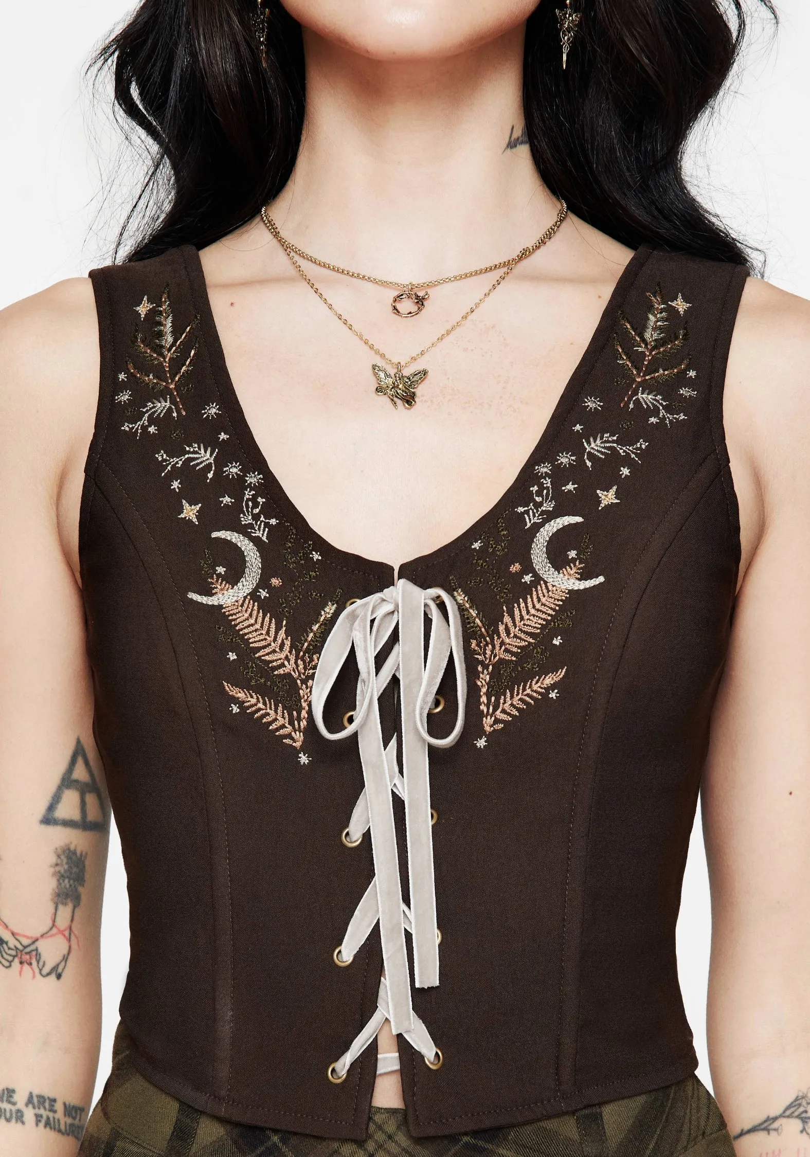 Abellona Embroidered Tie Up Front Corset Top Modular Layering System AntiPillingSurface
