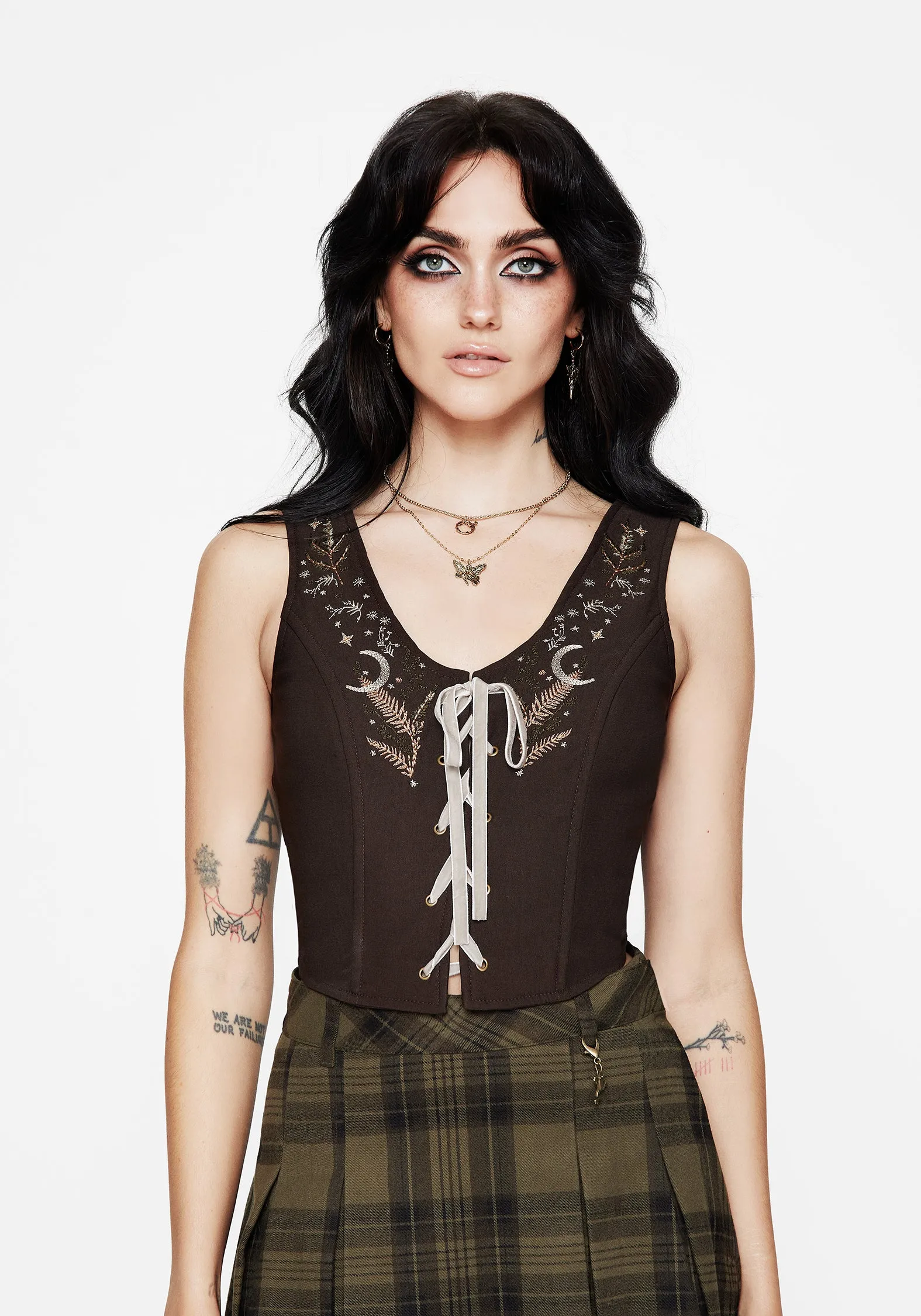 Abellona Embroidered Tie Up Front Corset Top Grid Texture Fabric