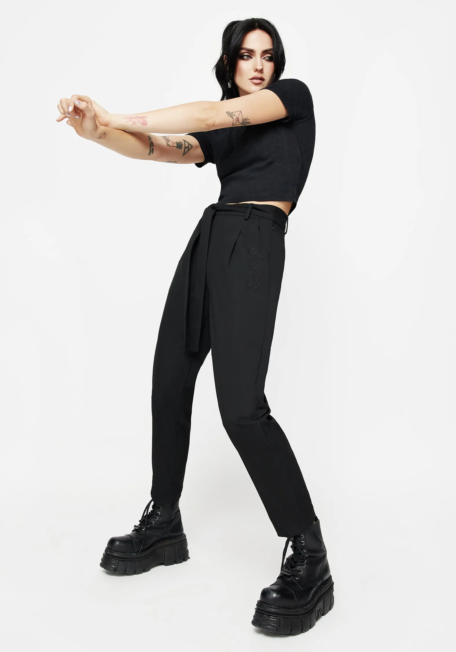 Hester Embroidered Tapered Trousers - Black Reinforced Hemline