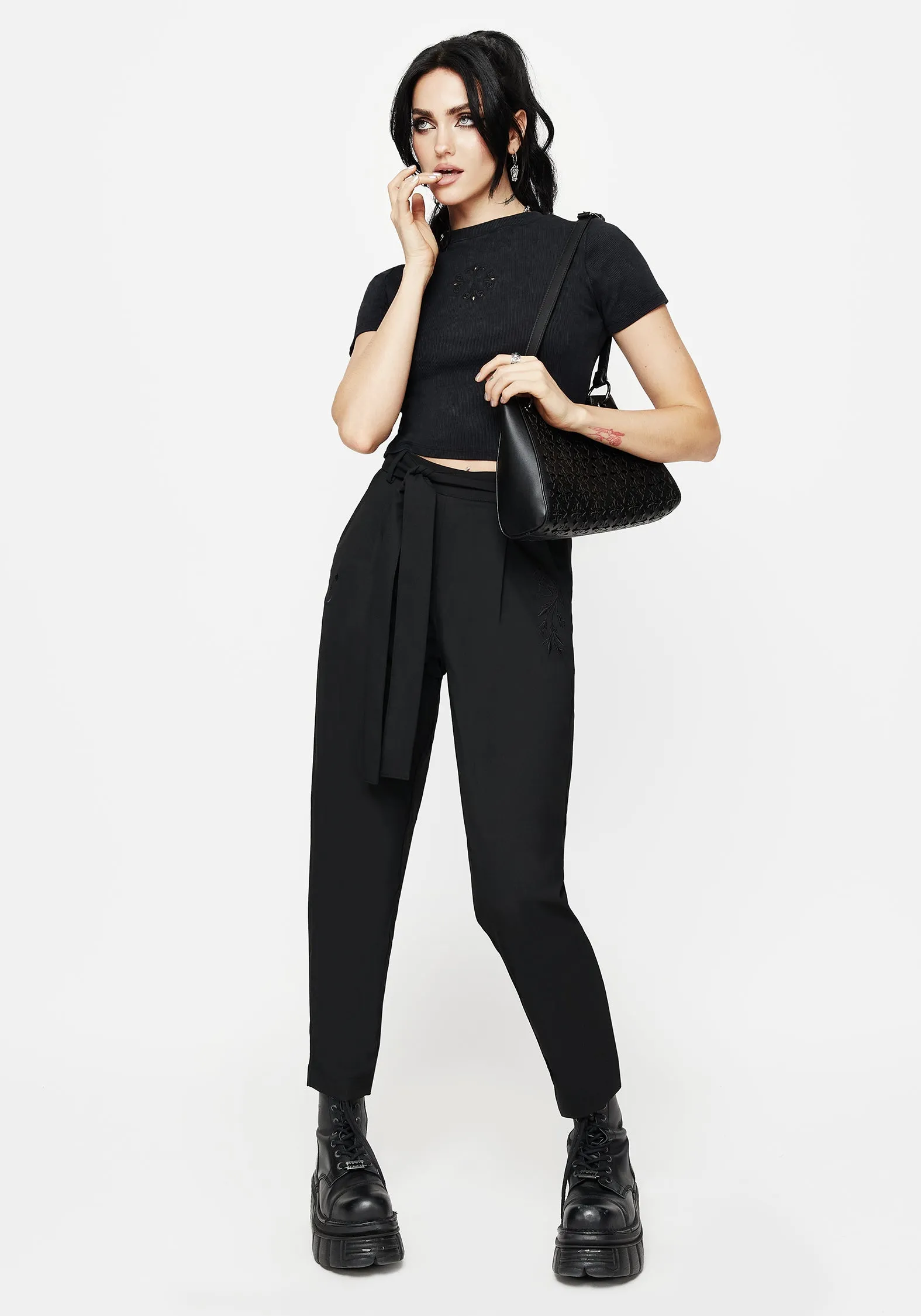 Hester Embroidered Tapered Trousers - Black Hand Painted