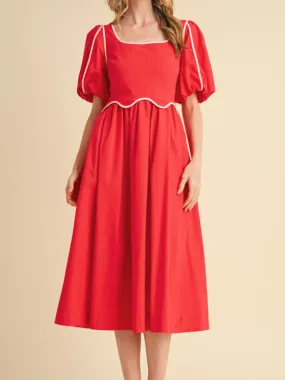 Red Scallop Midi Dress Flower Grace Sleek And Stylish