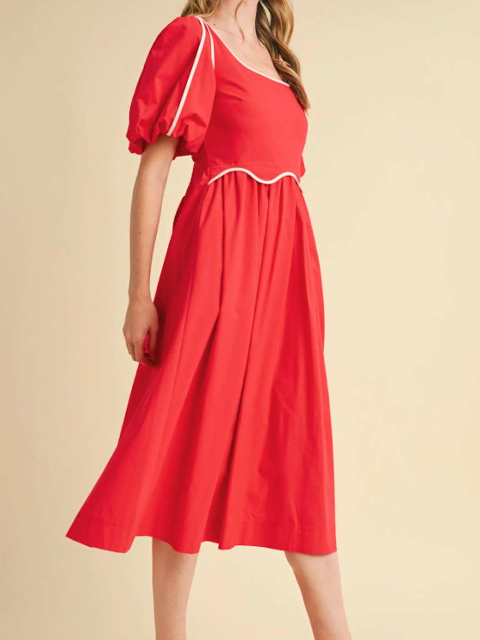 Red Scallop Midi Dress Comfortable Style