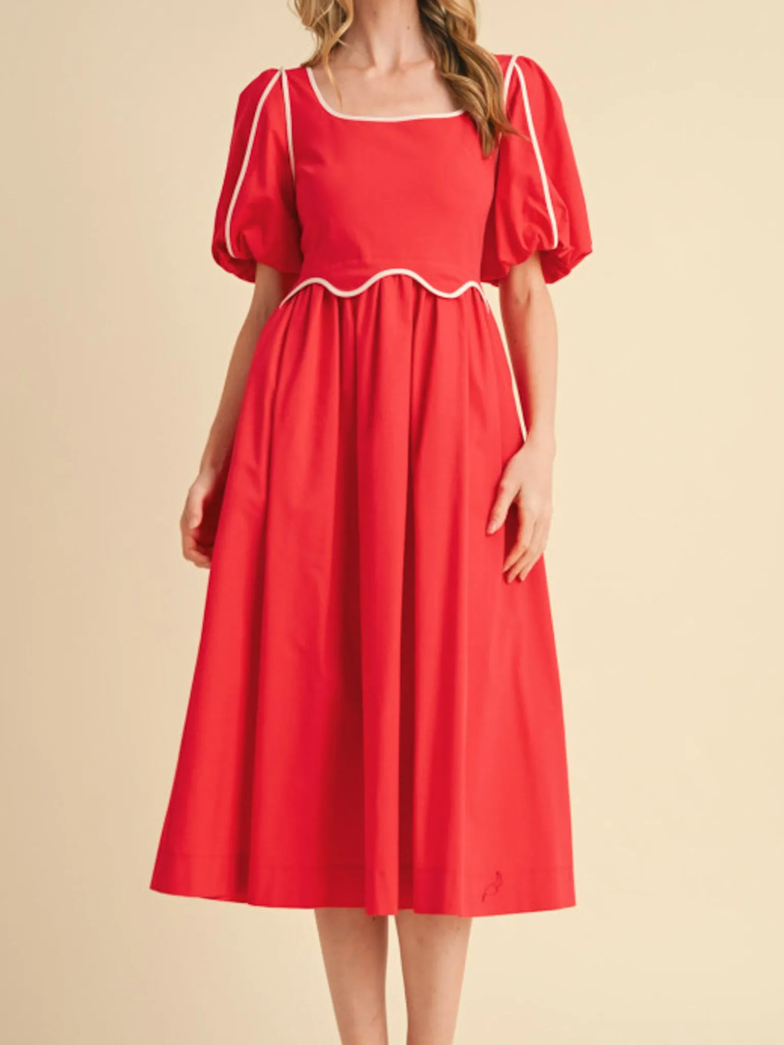 Red Scallop Midi Dress Flower Grace Sleek And Stylish