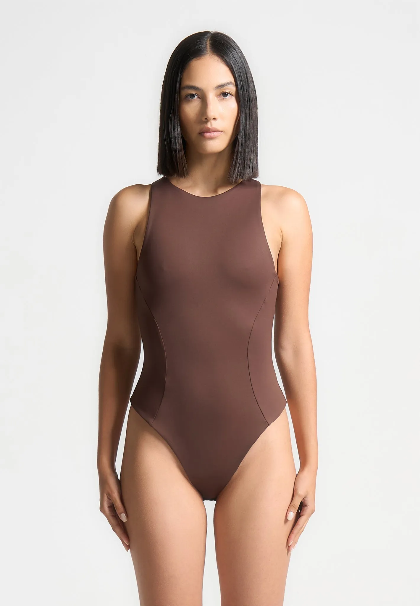 In??s - Double Layer Racer Neck Bodysuit - Brown Everyday Layering