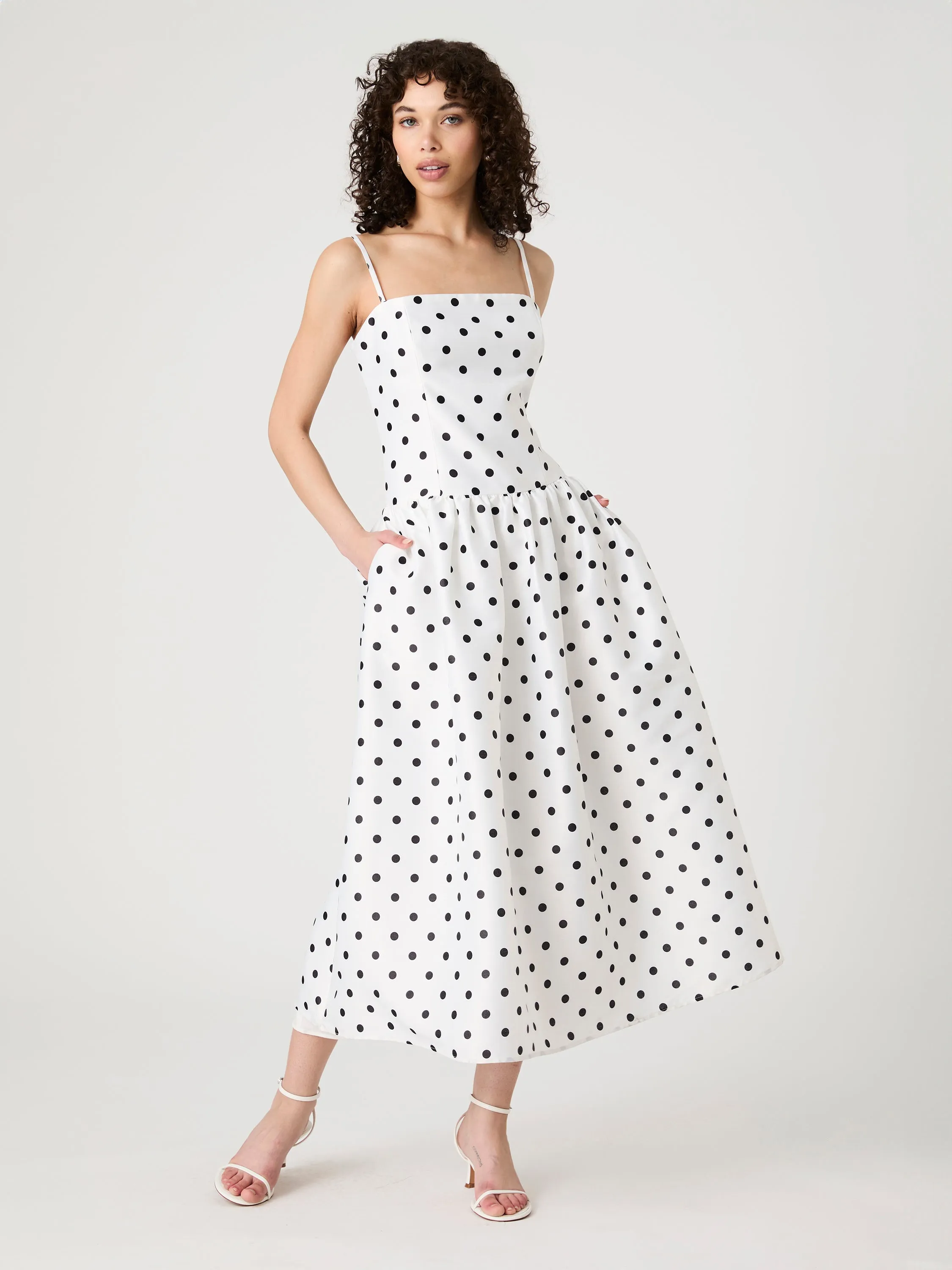 Feminine Line Strappy Polka Dot Midi Dress