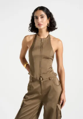 Claudette - Satin Halterneck Backless Top - Dark Olive Stretchable Armholes