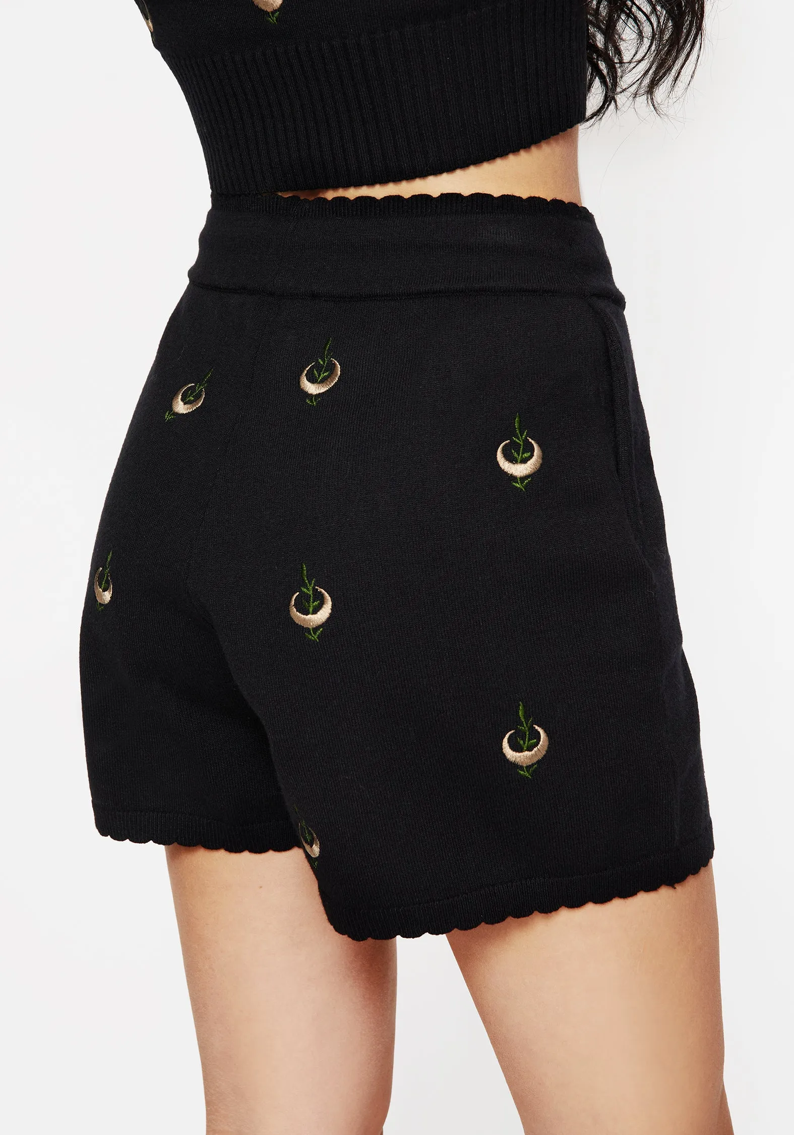 Liana Moon Leaf Embroidered Knit Shorts KnitCuff Reinforcements