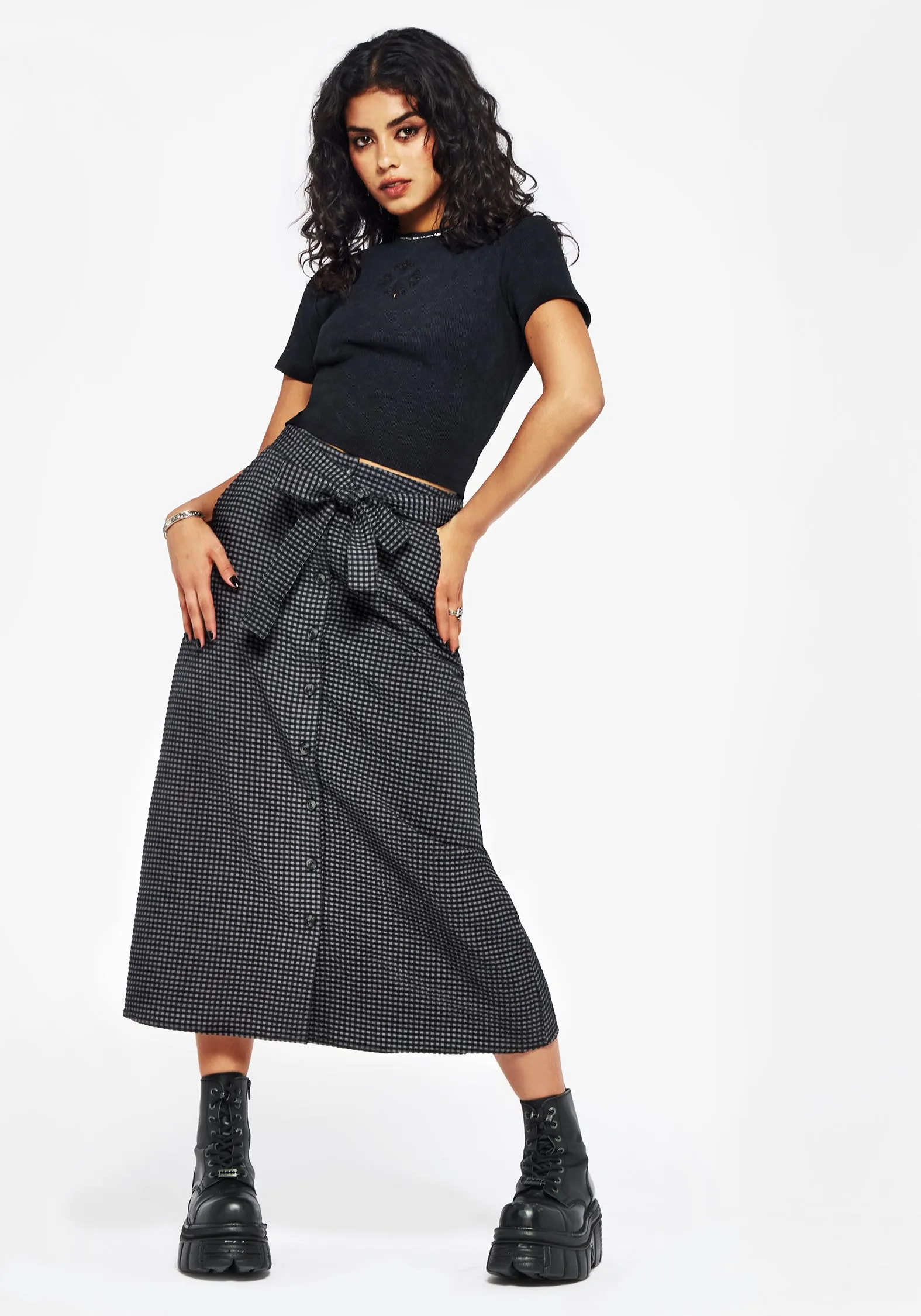 Road Trip Curve Friendly Faythe Cotton Check Button Up Midi Skirt