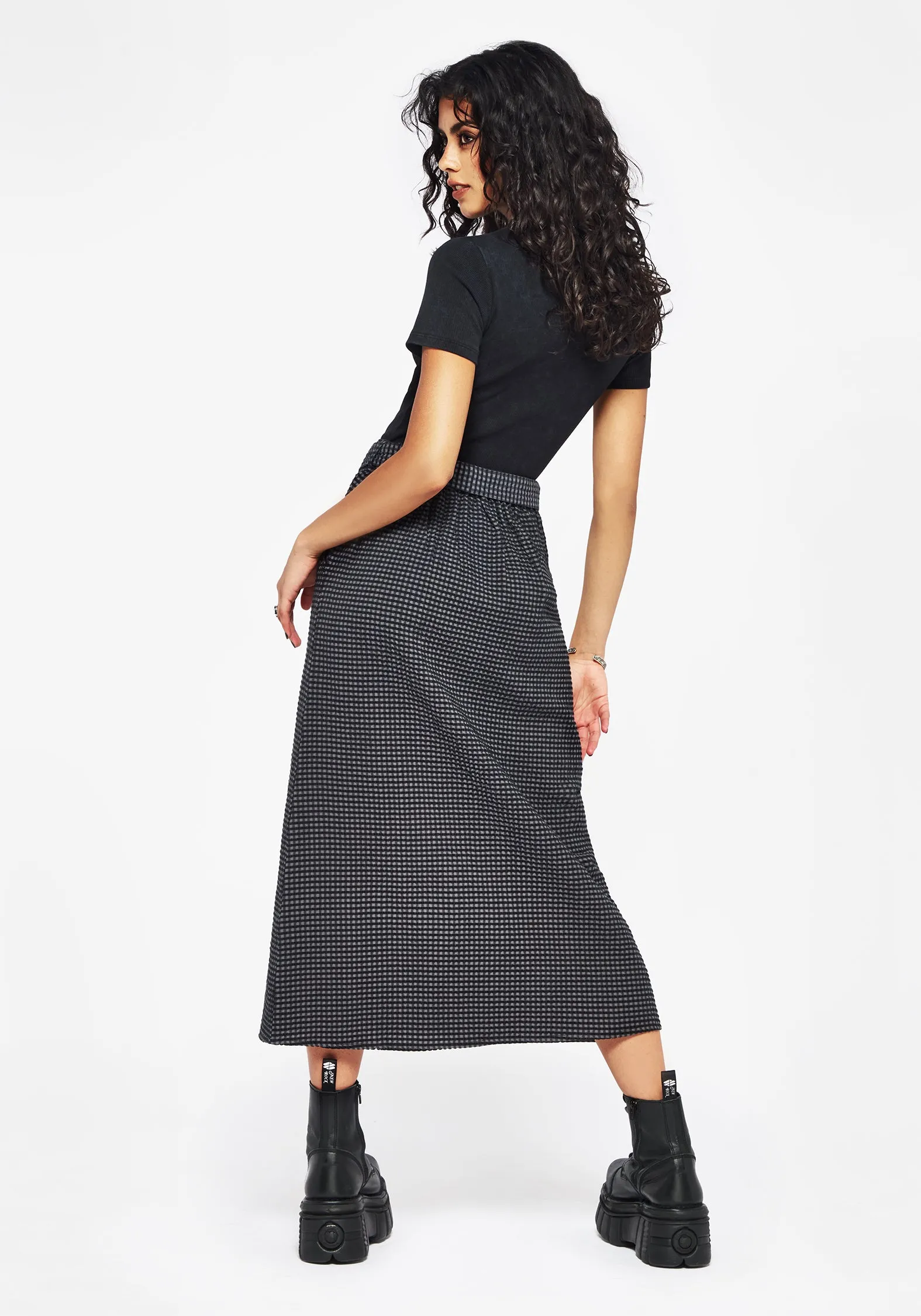 Faythe Cotton Check Button Up Midi Skirt Smooth Finish Knitted Fabric