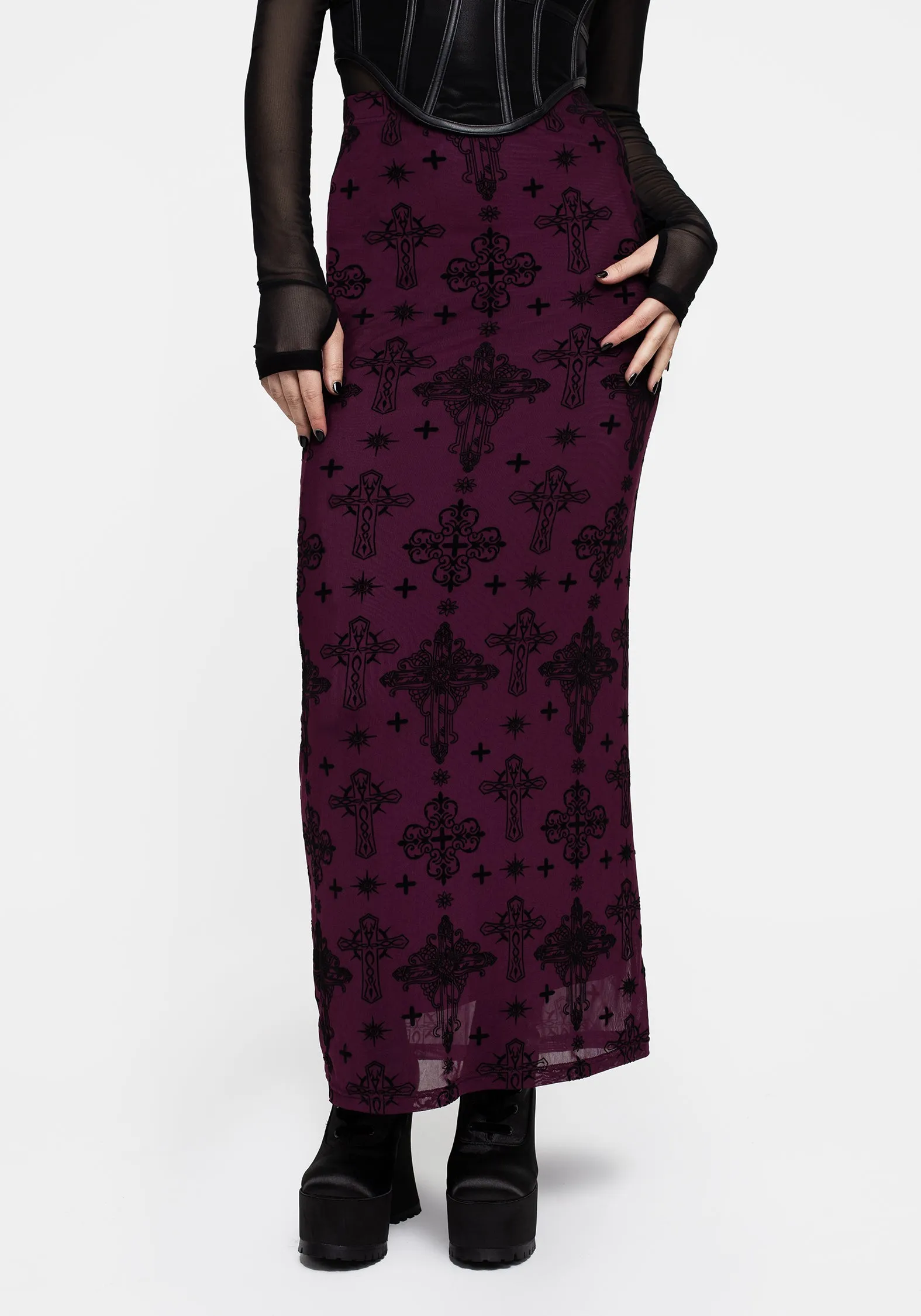 Priestess Flocked Mesh Maxi Skirt - Purple Durable Design