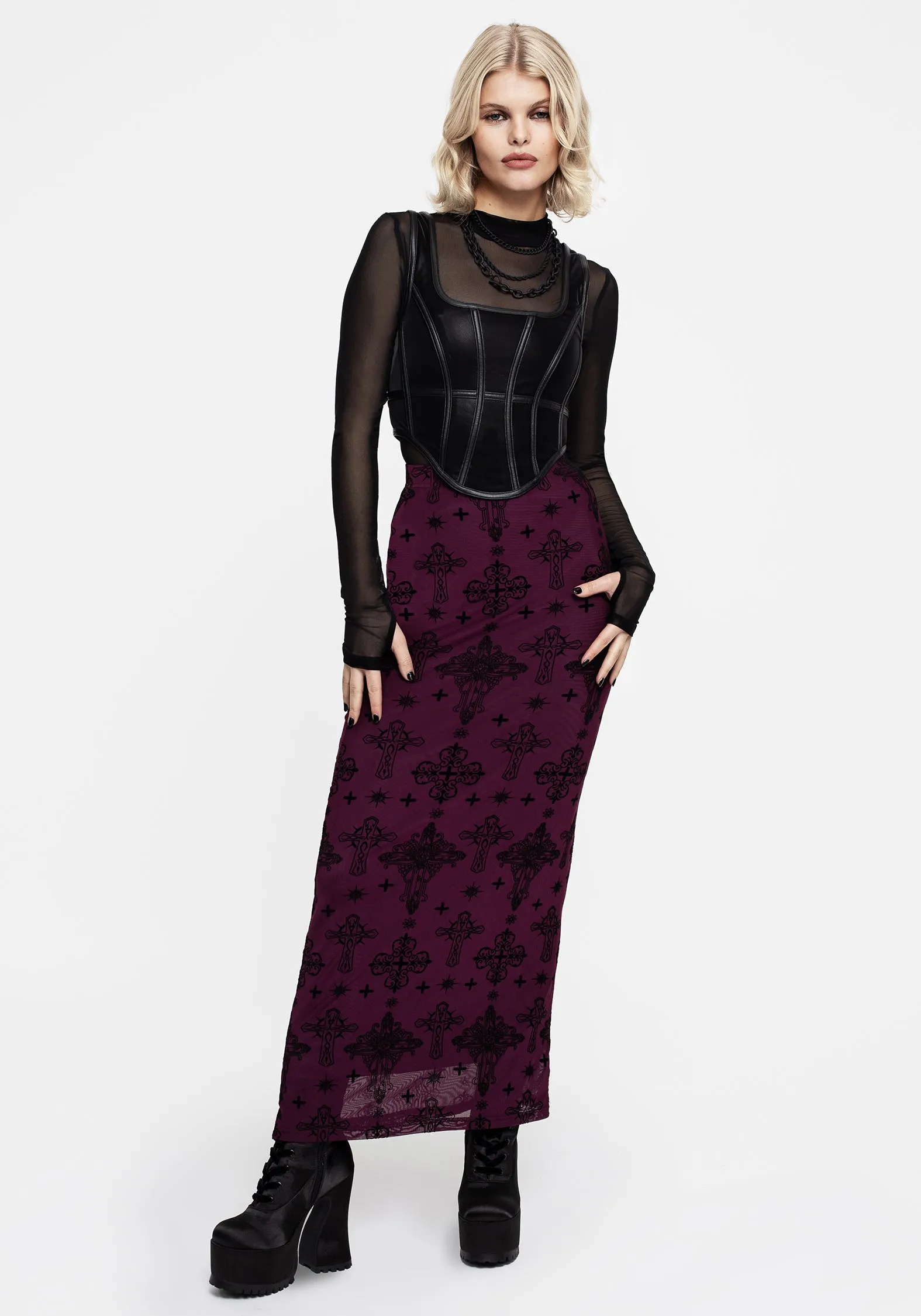 Everyday Vibe Priestess Flocked Mesh Maxi Skirt - Purple