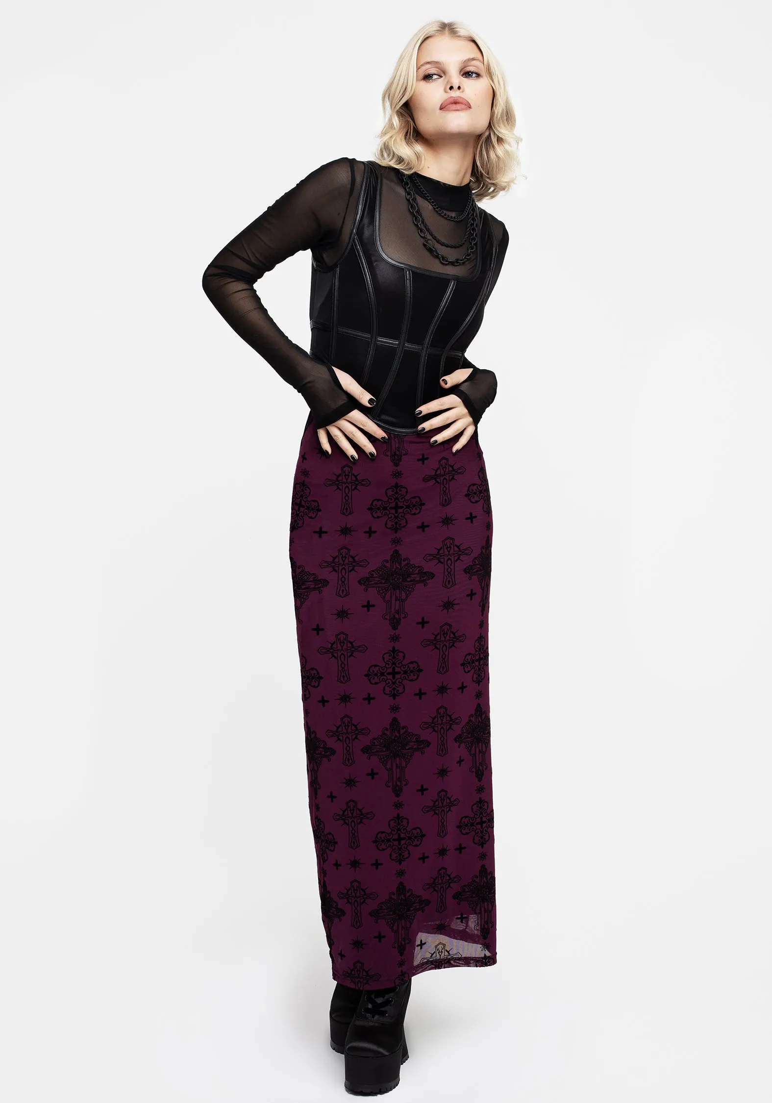 Priestess Flocked Mesh Maxi Skirt - Purple Contemporary Design Smart Design