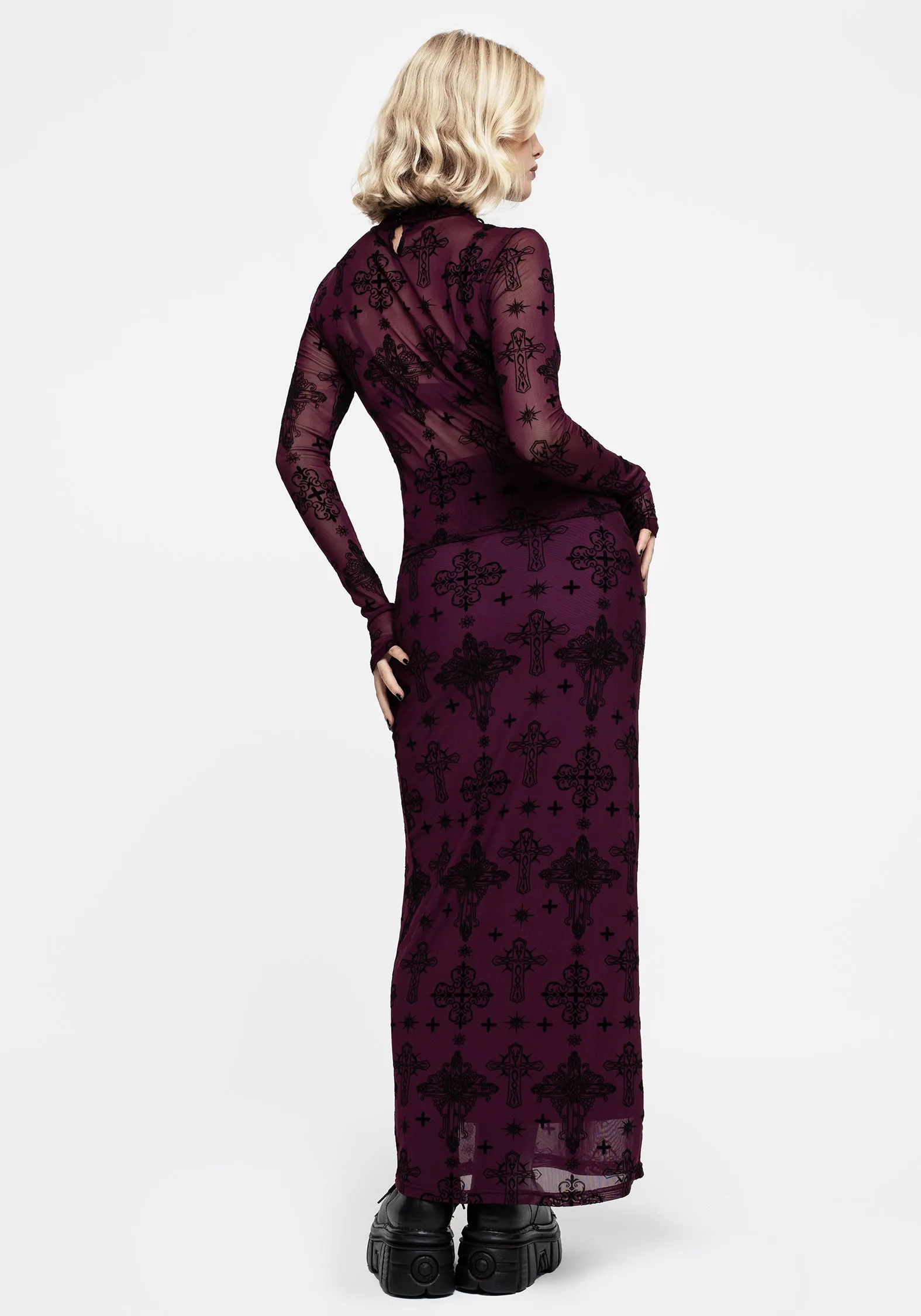 Priestess Flocked Mesh Maxi Skirt - Purple Tonal Look Reinforced Pockets
