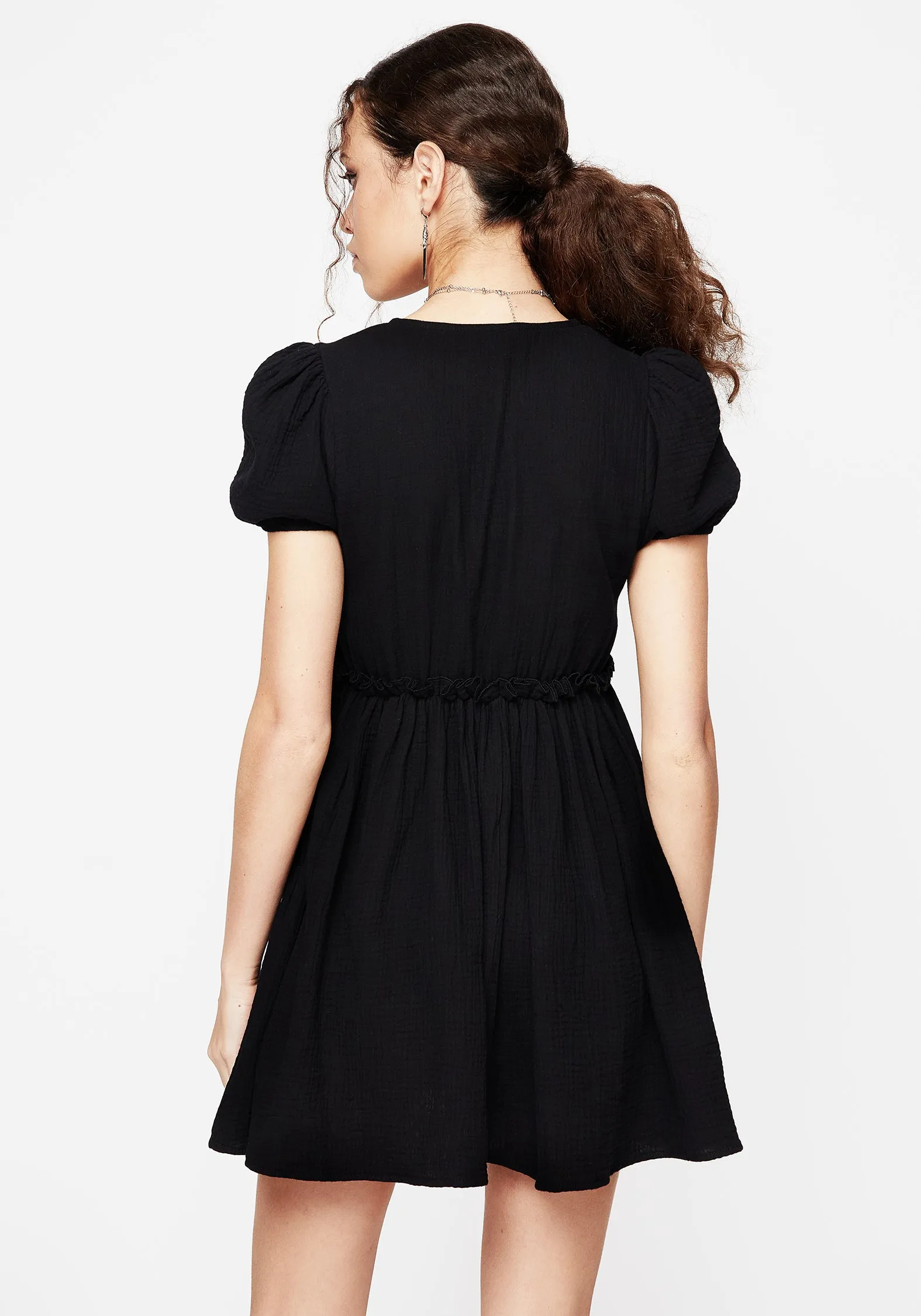 Feel Good Cocoon Butterfly Embroidered Puff Sleeve Mini Dress