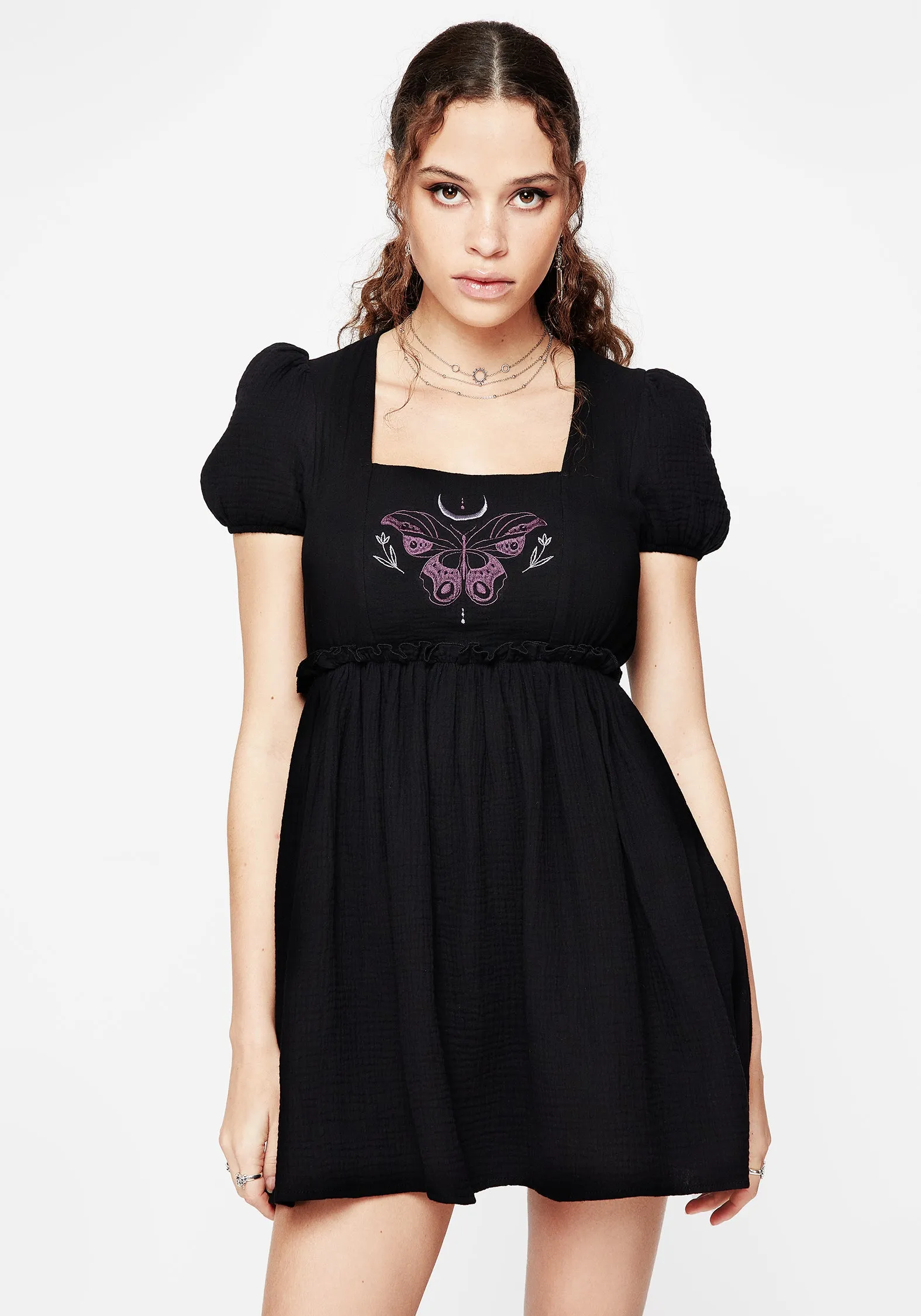 Cocoon Butterfly Embroidered Puff Sleeve Mini Dress All-season garment