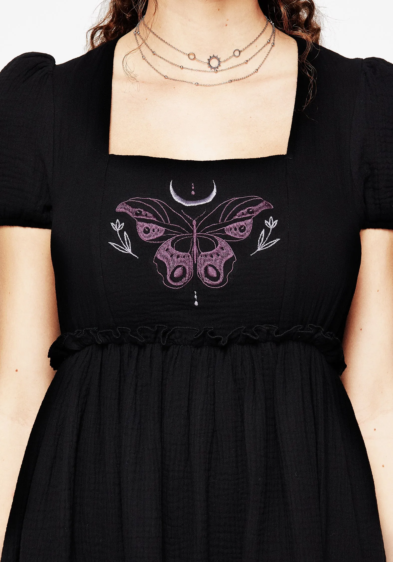 Cocoon Butterfly Embroidered Puff Sleeve Mini Dress Live Soft