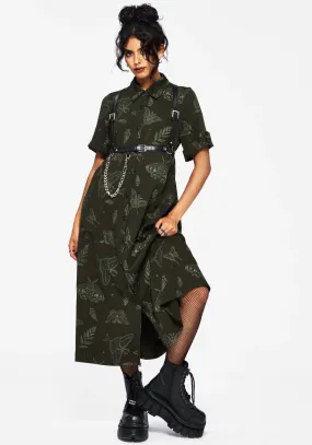 Timeless Silhouettes Urban Grace Callopistria Moth Print Midi Shirt Dress - Green
