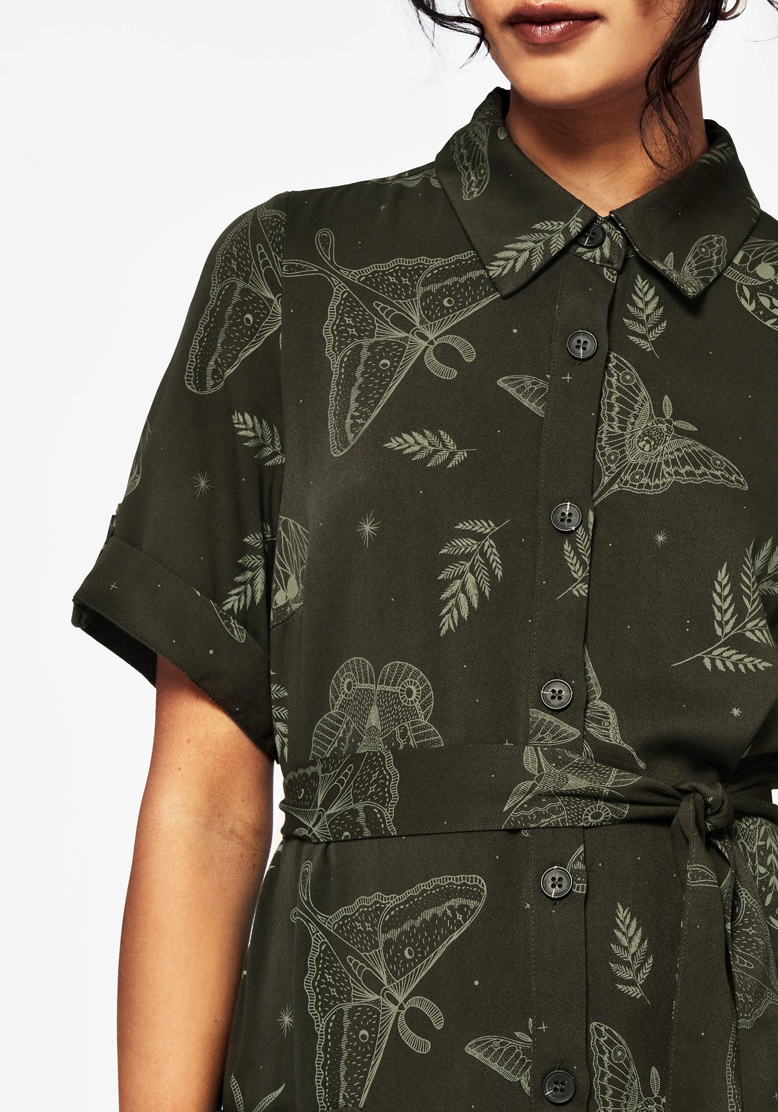 Callopistria Moth Print Midi Shirt Dress - Green Versatile Piece Cozy Cut