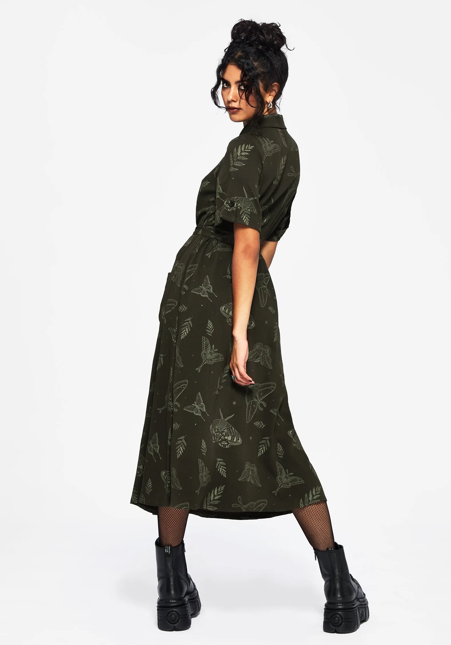Callopistria Moth Print Midi Shirt Dress - Green Modern Wear