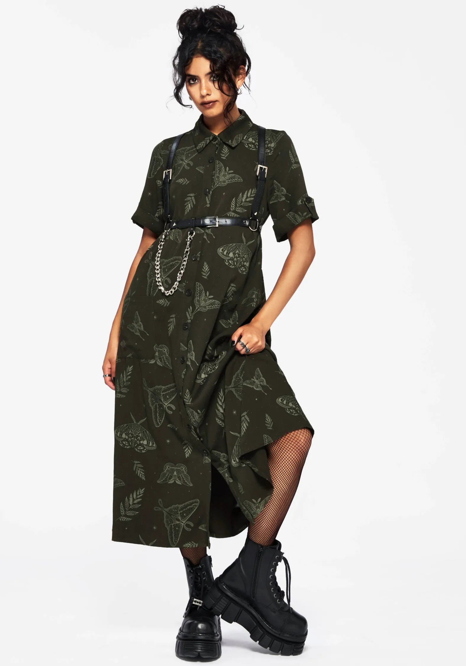 Timeless Silhouettes Urban Grace Callopistria Moth Print Midi Shirt Dress - Green