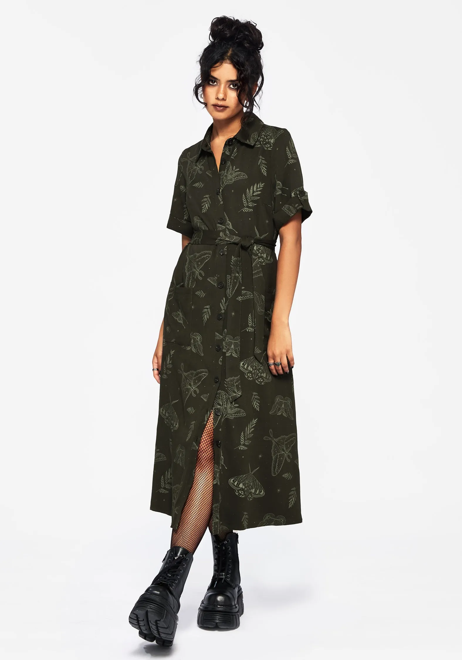 Smooth Layering Balanced Lines Callopistria Moth Print Midi Shirt Dress - Green