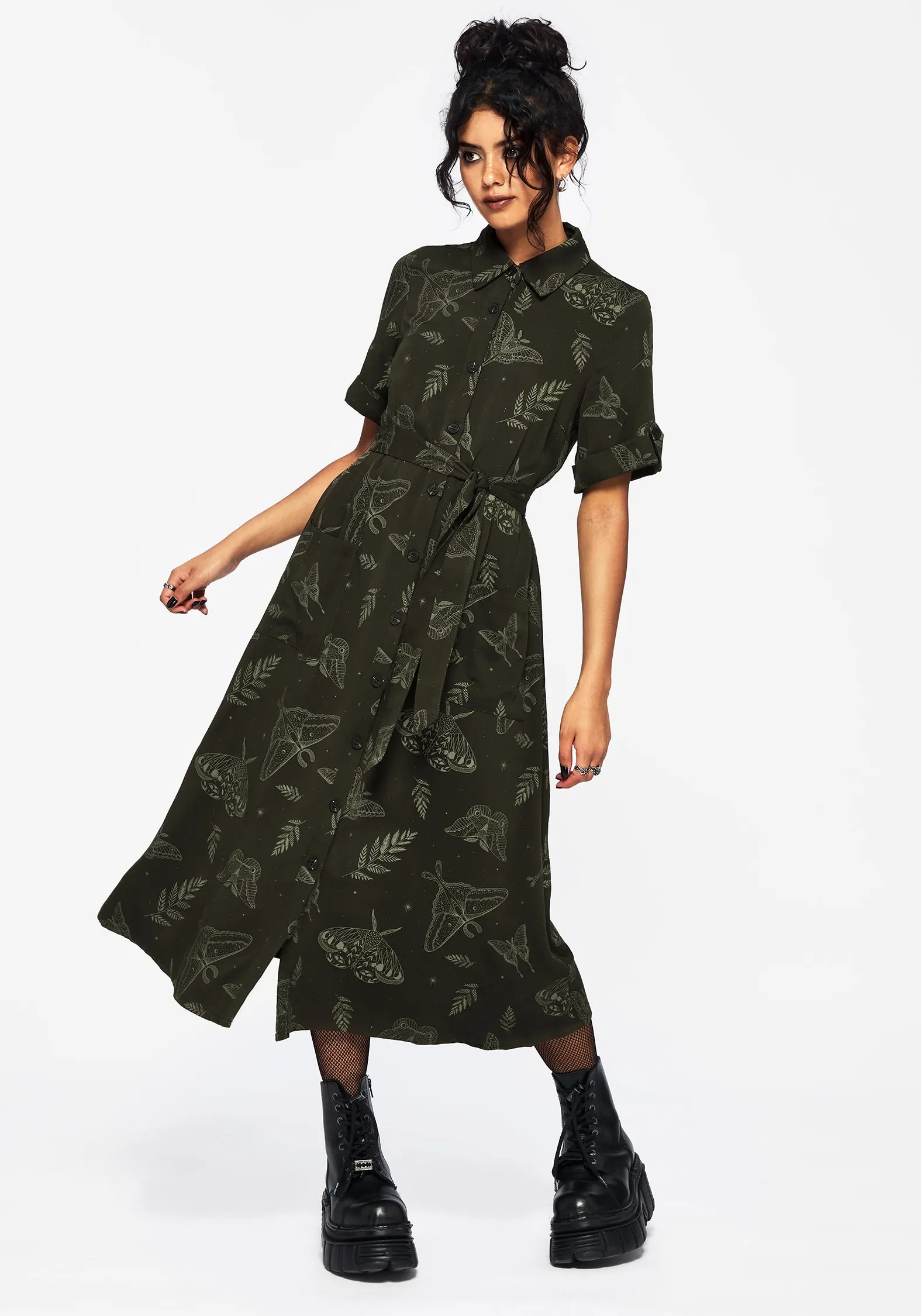 Callopistria Moth Print Midi Shirt Dress - Green Clean Fit Light Comfort