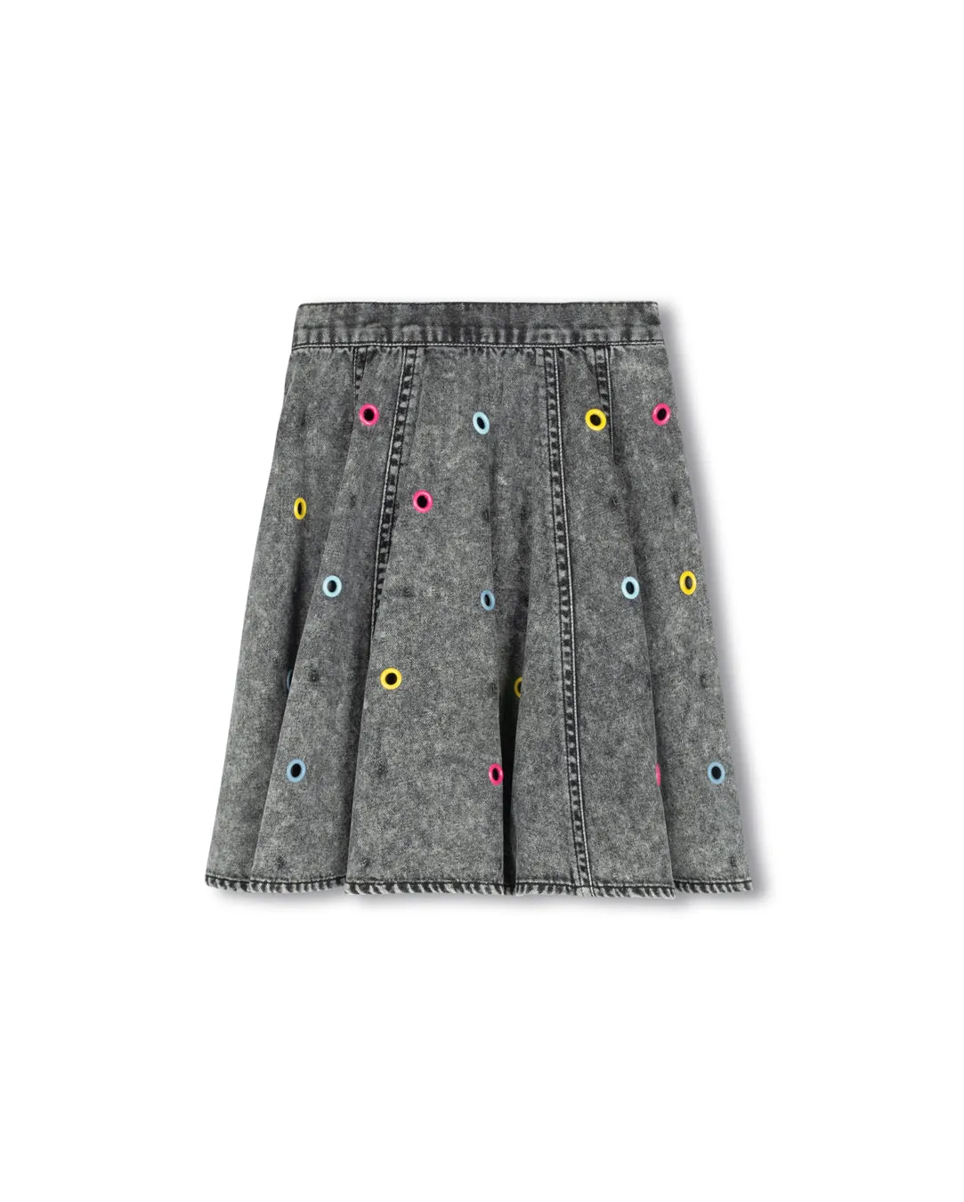 Grommets Denim Flair Skirt Print Mix Draped Design